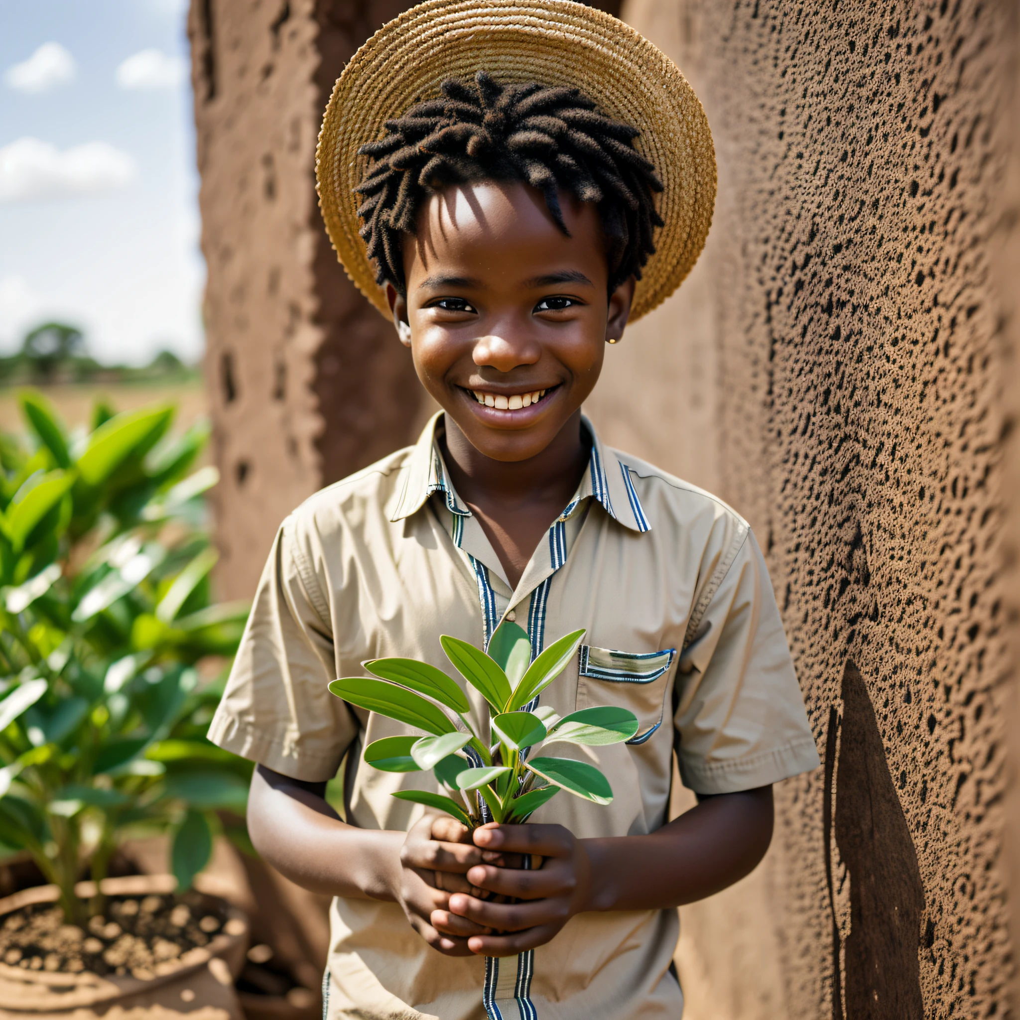 a young African boy, decent clothes, holding a plant, smiling, Jehovah's witness --auto --s2