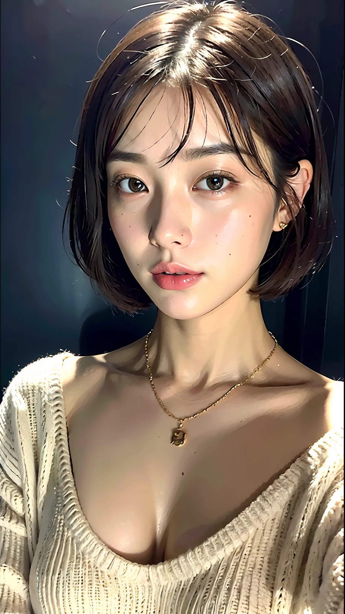(Best quality, 8k, 32k, Masterpiece, UHD:1.2),Photo of Pretty Japanese woman, large breasts, very short bob hair,upper body,face focus,oversized_sweater, necklace, simple background, from above, looking at viewer,