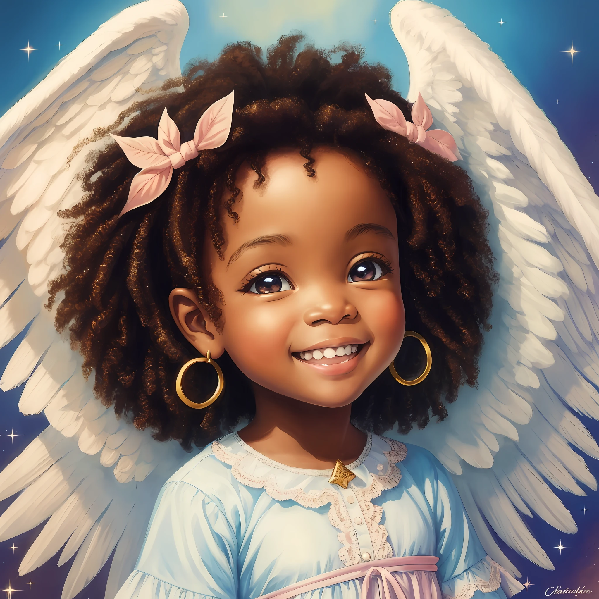 painting of an afro girl smiling with angel wings sitting on a cloud, cute angel, cute angel, of a beautiful angel girl, portrait of a cute angel, angel girl, lovely digital painting, cute portrait of angel girl, angel, angel-themed, cherub, full of angel paintings, angelic face, angelic, angel face, cute female angel, Angels --auto --s2