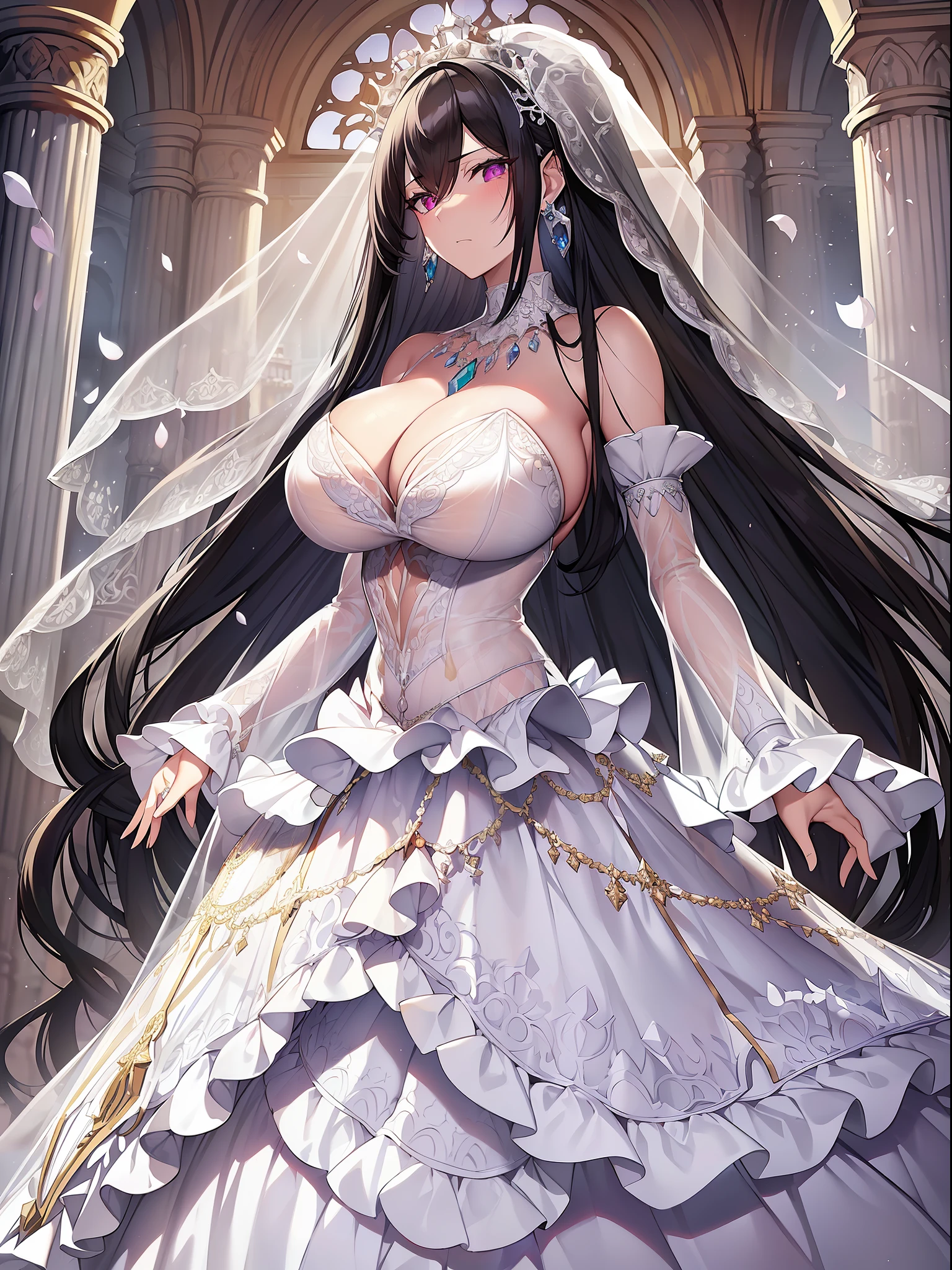 ((anime artstyle)),(((Masterpiece))), ((Best Quality)), ((Super Detail)), Illustration, (((Very Delicate and Beautiful))),Dynamic Angle,Looking at viewer,((((Solo)))),June bride,((((1 arrogant empress in See-through white wedding dress having a wedding ceremony in a royal palace)))), in the flower garden,((((Full body)))),(standing),((((embarrassed)))),Purple eyes,(Sharp eyes),Detailed Face, Long Eyelashes,Jet Black Hair,(Straight Hair),((Very Long Hair)),Bangs between eyes, ((((gigantic breasts)))),cleavage,skindentation,curvy,See-through,(((fusion of See-through white wedding dress and white rococo ball gown))),(fluffy See-through white wedding dress with gorgeous embroidery),((hoop skirt)),long skirt,corset,crinoline,(long wedding veil),opera gloves,finely decorated jeweled big tiara, gem earrings,finely decorated necklace,(Beautifully jeweled ornaments),indoor,white lily flowers, flower petals flowing,Stained glass,light particles,