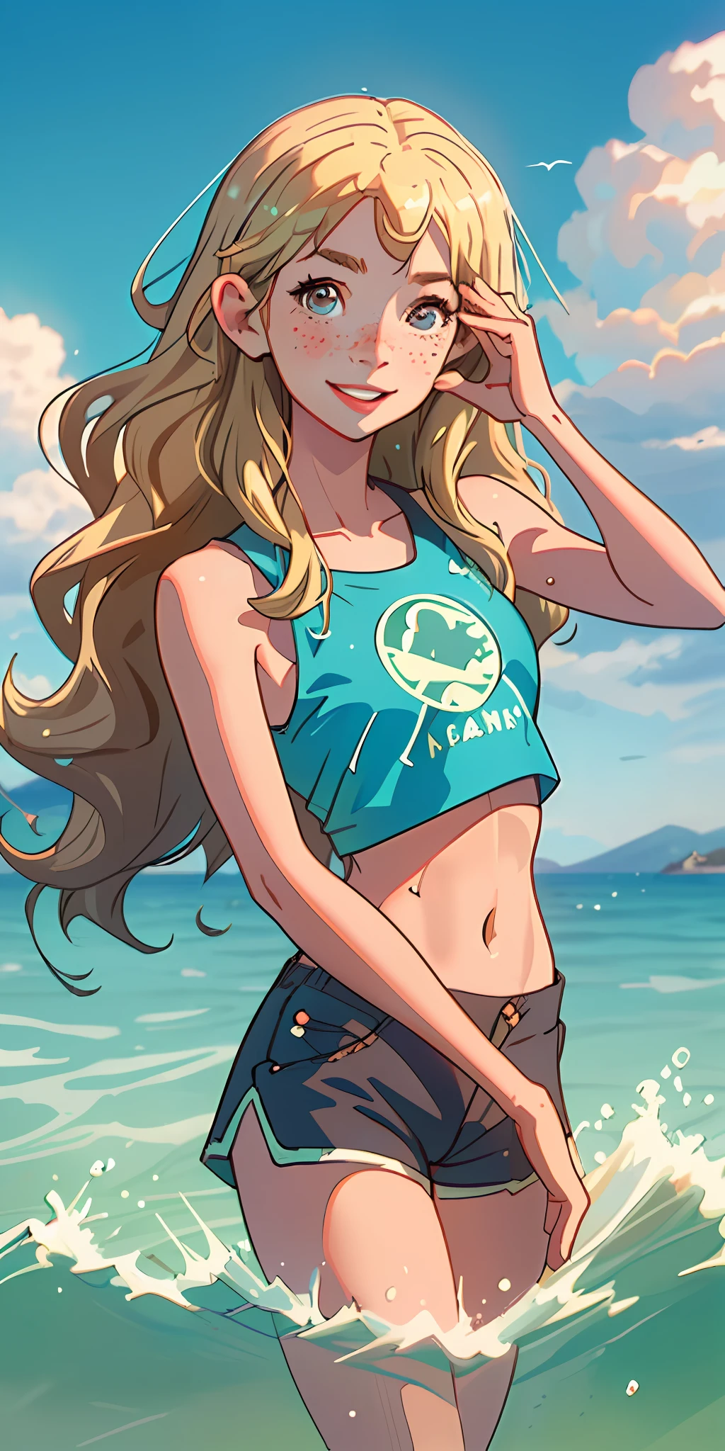 (best quality, masterpiece), 1girl, upper body, paw pose, smile, laughing, happy, ocean, crop top, shorts, blonde, freckles, blush, looking at viewer, wavy hair, long hair, cloud, splashing, waves, sun, mountain, wet