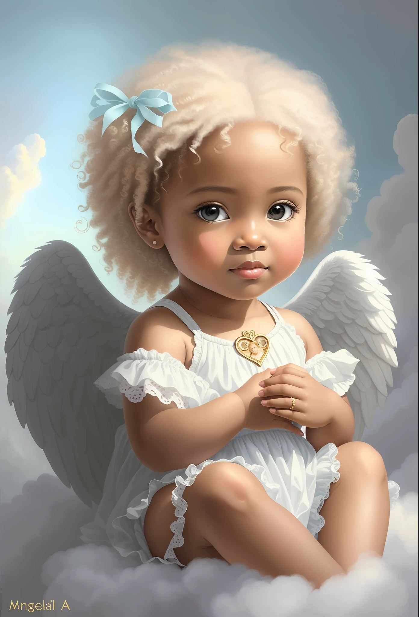 painting of an afro girl with angel wings sitting on a cloud, cute angel, cute angel, of a beautiful angel girl, portrait of a cute angel, angel girl, lovely digital painting, cute portrait of angel girl, angel, angel-themed, cherub, full of angel paintings, angelic face, angelic, angel face, beautiful female angel, Angels