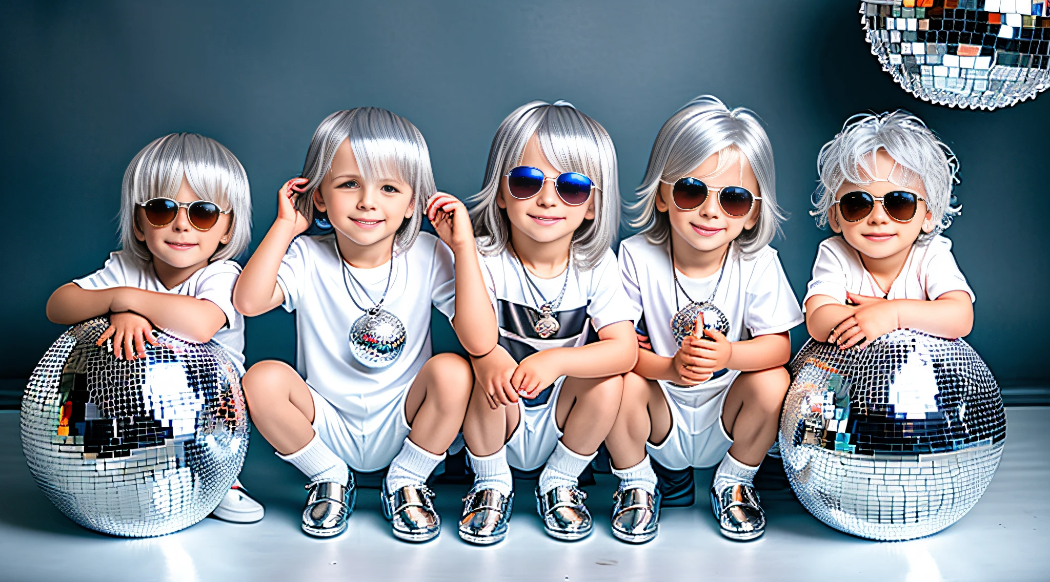 3 boys Russian children with 10 years old, WITH LONG STRAIGHT HAIR, PORTRAIT STYLE, sunglasses holding a disco ball silver bottom, disco ball, silver hair, disc smile,