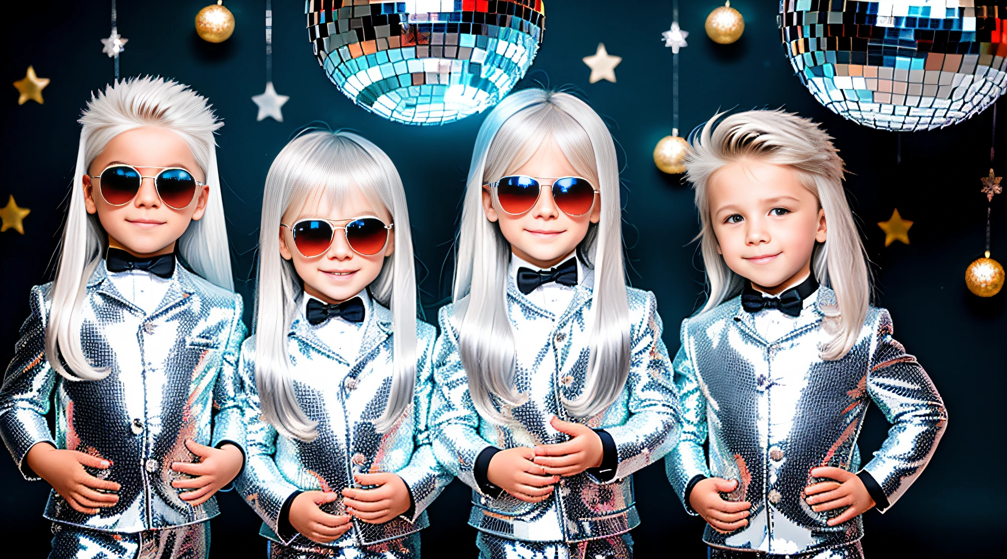 3 boys Russian children with 10 years old, WITH LONG STRAIGHT HAIR, PORTRAIT STYLE, sunglasses holding a disco ball silver bottom, disco ball, silver hair, disc smile,