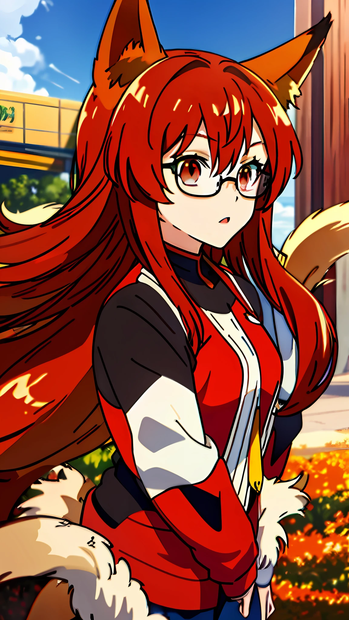 Red hair, brunette, brown eyes, short, cold clothing, horn, clip, round glasses, solo, neko, fox ear, fox tail, red tail, red ear, angel wings, female,