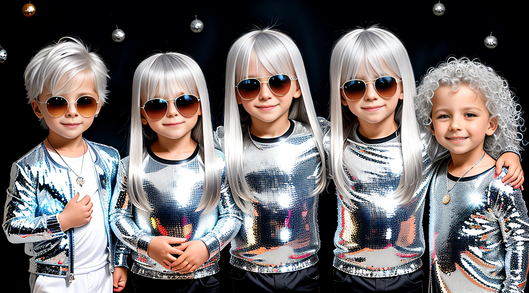 3 boys Russian  with 10 yearsONG STRAIGHT HAIR, PORTRAIT STYLE, sunglasses holding a disco ball silver bottom, disco ball, silver hair, disc smile,