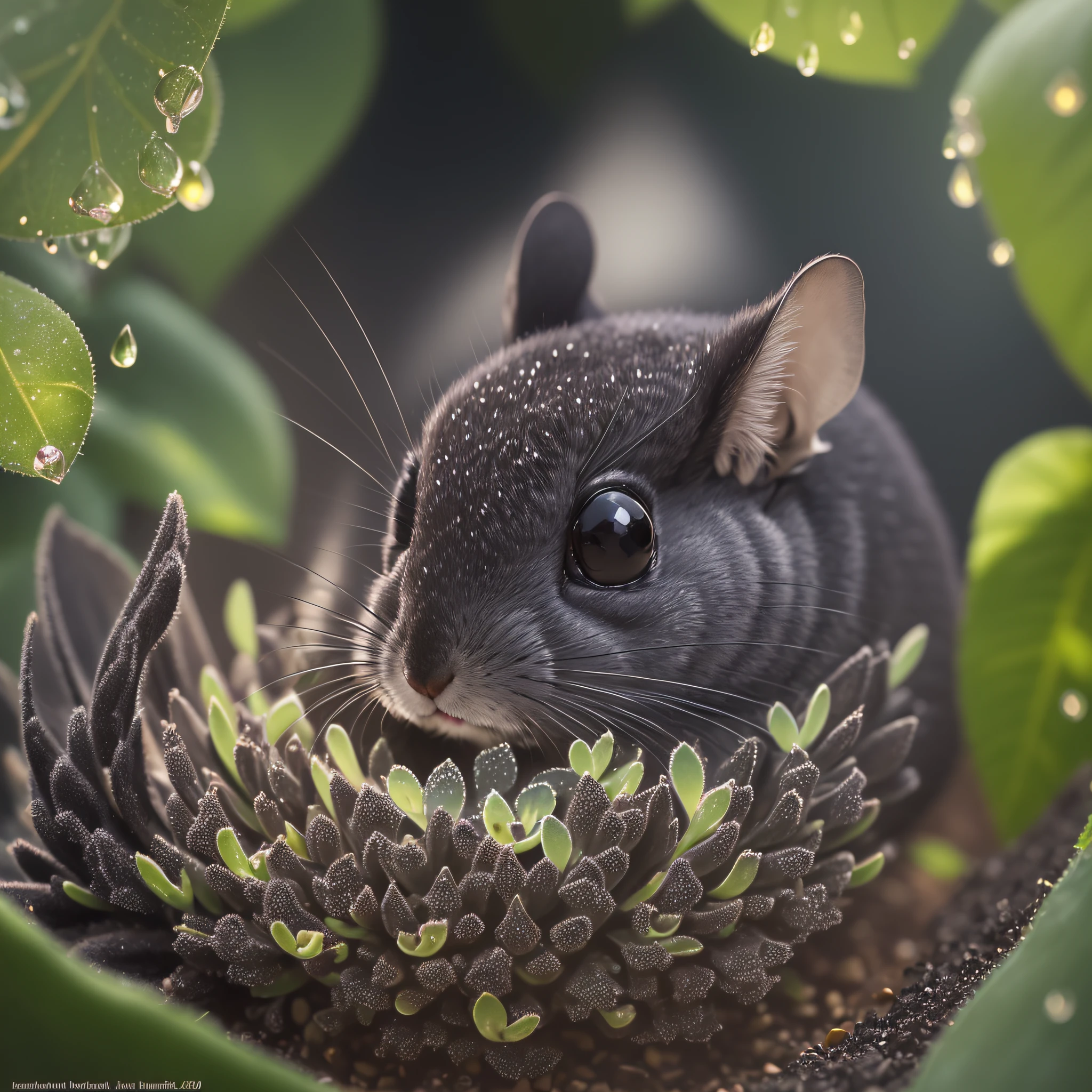 Black, a chinchilla close-up photo, chubby fleshy, inside a succulent garden, small dewdrops, small water drops, evening, super close close, backlight, sunlight, glow, furry, fireflies, volumetric fog, halo, bloom, center, rule of thirds, 200mm 1.4f macro shot