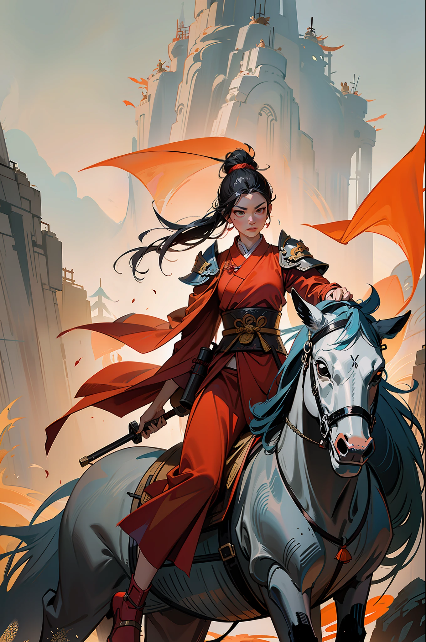 Chinese style, ancient battlefield, an ancient Chinese female general, holding a sword in her hand, grim expression, full body, amazing facial features, red robe, armor, boots, yellow sand in the sky, fleeing crowd, firelight, game model, stunning lighting, C4D, OC rendering, cinematic edge light, delicate light, masterpiece, super detailed, epic composition, super HD, high quality, highest quality, 32k