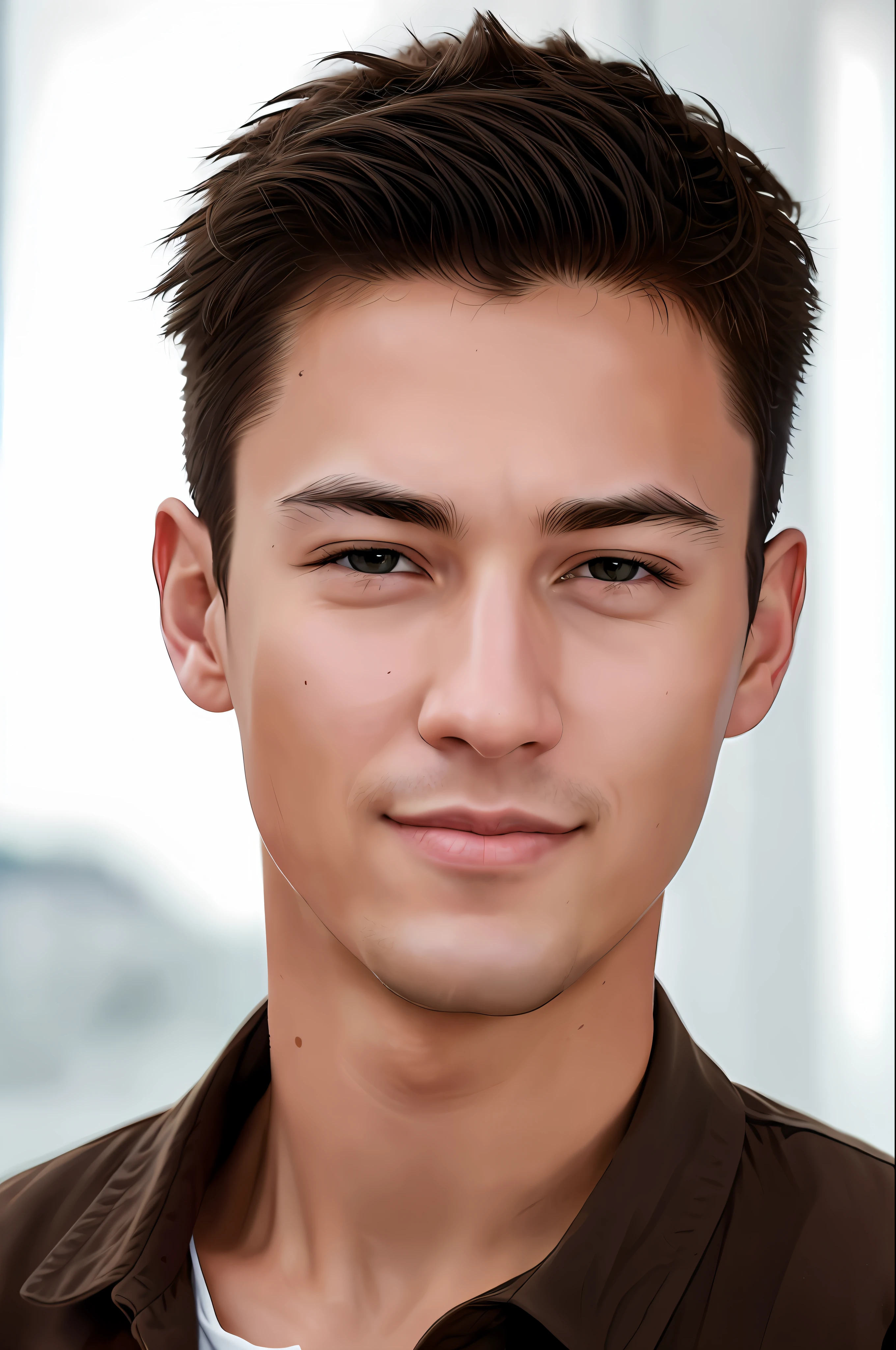 (8K, HDR, Hi-Res), (((Photography, RAW Photography, Hyperrealism, Masterpiece, Best Quality, Ultra High Definition)))), (Pin Light, Backlight, Backlight, Cinematic Light), Sharp Focus: 1. 4, (hyper detail, fine detail),
1 Male, fearless face, deep cut eyes, nose with straight nose, thin lips, thick eyebrows, long eyelashes. ruddy skin, light and stubble, center-parted hair, brown hair, smile: 1.4,