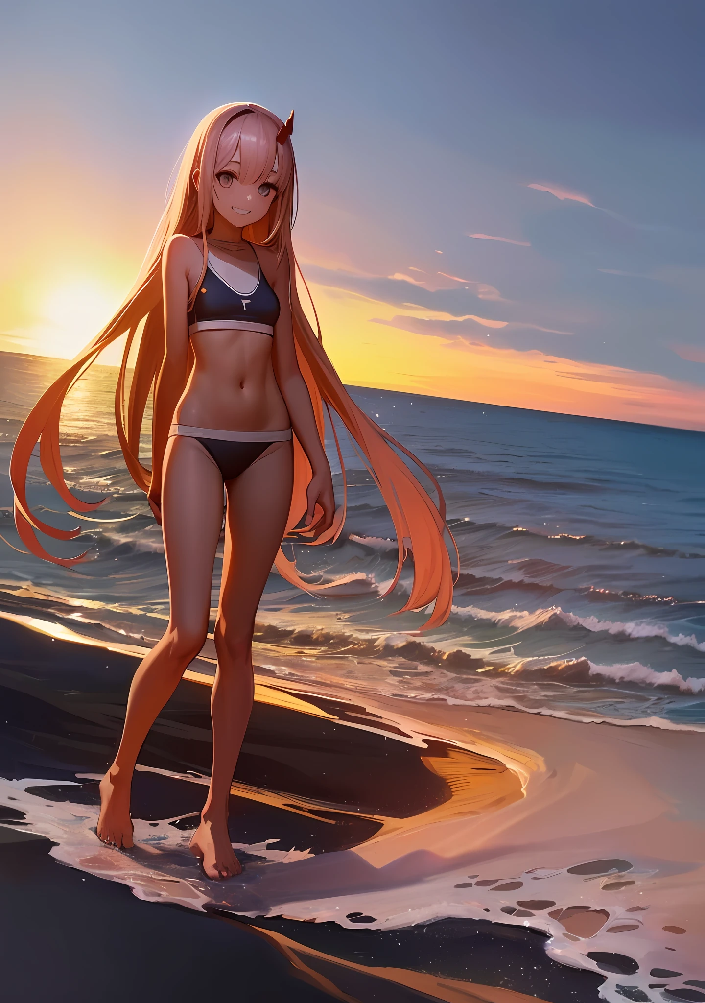 [zerotwo] 1 girl, full body, a beach, perfect day, perfect hair, perfect face, perfect pose, perfect body, perfect smile, perfect lighting.