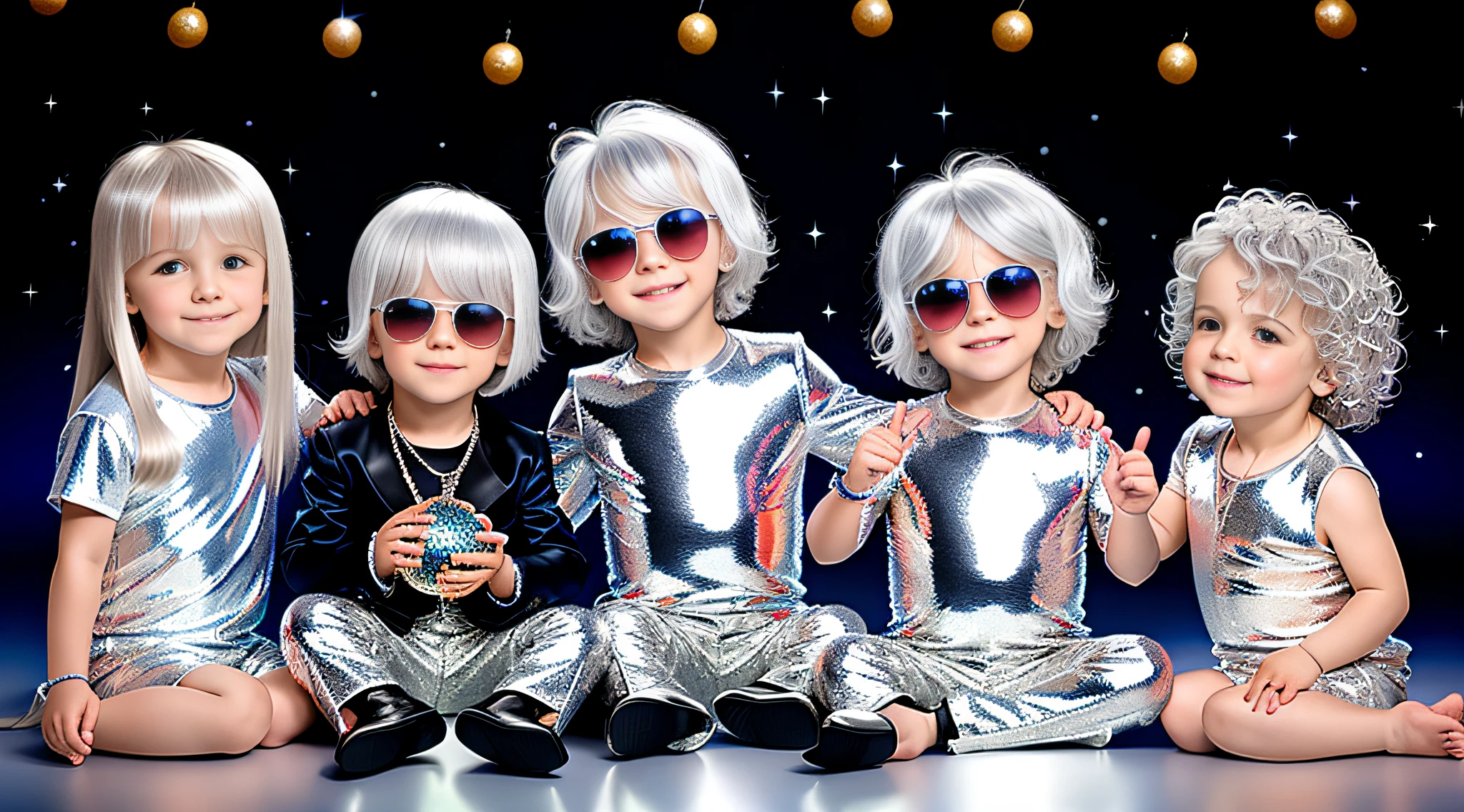 3 boys Russian ******** with ************, WITH LONG STRAIGHT HAIR, PORTRAIT STYLE, sunglasses holding a disco ball platinum background, disco ball, silver hair, disc smile,