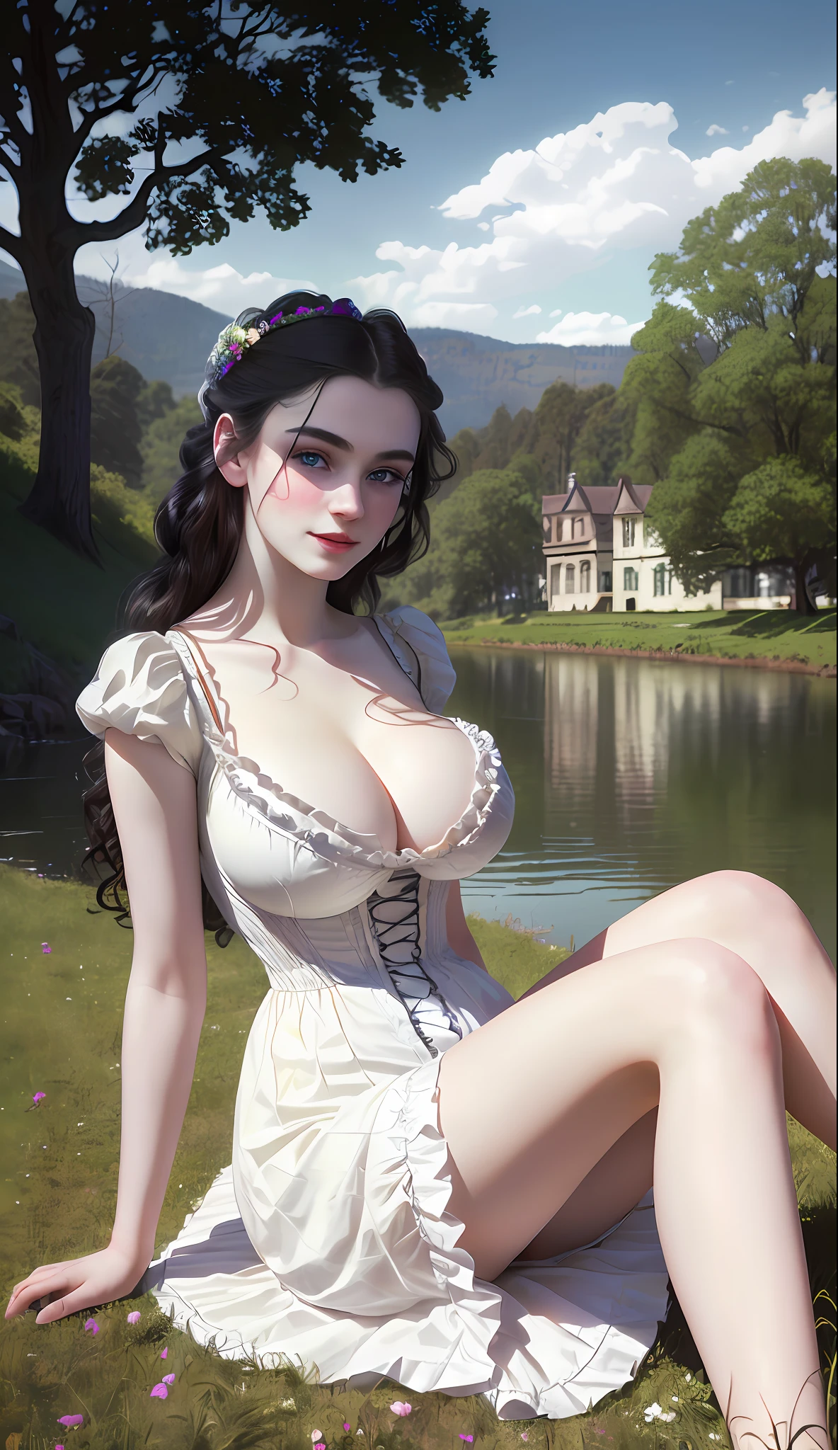 RAW photo,(realistic, photo- realistic:1.37),(best quality:1.2),(detailed),(PureErosFace_V1:0.4), (Solo:1.3),(20 years old Victorian girl:1.4),smile,(Lovely Huge Breasts:1.4), (head back:1.5),black Hair,Long Eyelashes,(lake victoria:1.3),((sitting on ground,legs apart,arms up)), trees,grass, flowers,bridge, boat,clouds,blue sky,apple,picnic,BREAK,pale skin, (perfect eyes:1.3),cinematic light, ultra high res, 8k uhd, film grain, perfect anatomy, exquisitely detailed skin, best shadow, delicate,Portrait Of Beautiful Victorian Girl,colourful, distinct_image, extremely detailed CG,realistic human-like photo