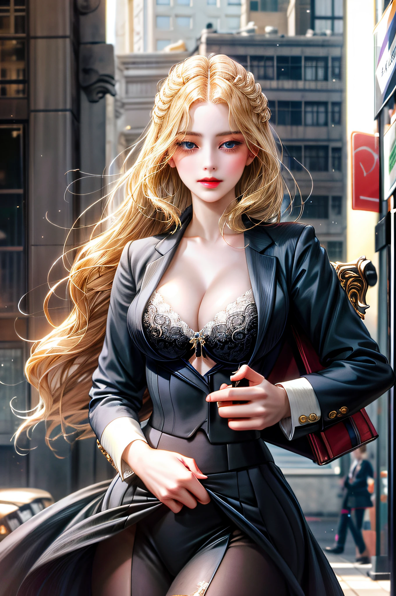 aristocratic young woman, blonde, blue-eyed girl, carrier woman, urban building street, black suit, jacket front open, cleavage emphasis bra, tight skirt slit,
