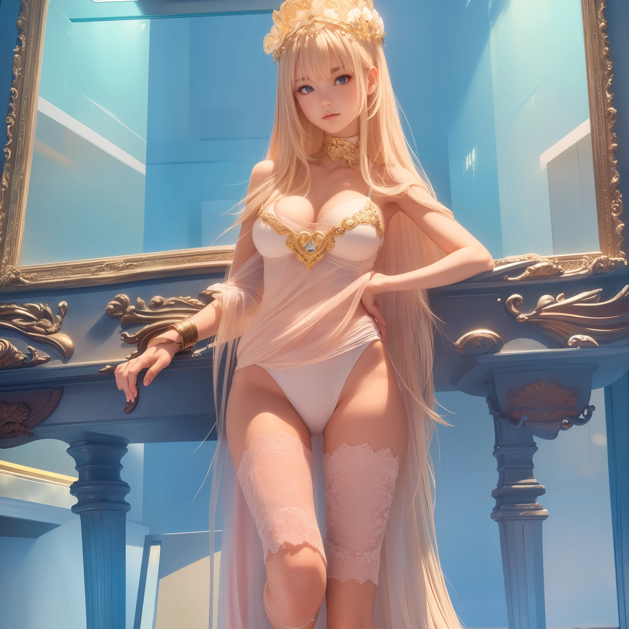 On stage、(((Belly dance)))、(((sexy hips)))、(((Transparent costume)))、(((Vulgarity)))、(((Petite))), (((Little))), (((Flat))), (skinny), ((small ass)), (slim thigh), (((Open your mouth wide and stick your tongue out)))、(((Light pink Arabic dancer costume)))、(((Large chest)))、spot light、One of the most beautiful Caucasian girls in the world、(((Glossy Super Beautiful Super Long Silky Straight Blonde)))、Super long bangs hanging in front of you、bright beautiful pale blue eyes、(((Small face beauty)))、Pure white beautiful skin、Oily shiny skin on the cheeks、bright expression、