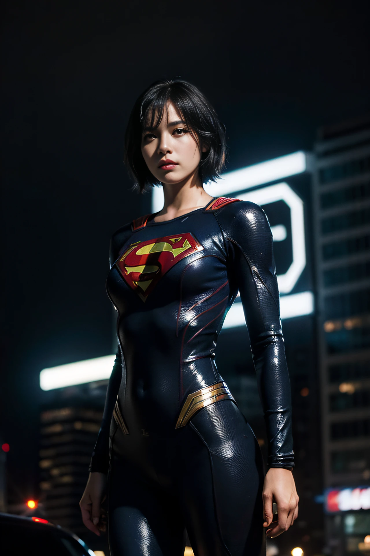 best quality, masterpiece, (photorealistic:2), ultra high resolution, highly detailed, ultra realistic, 1girl, supergirl suit, superman logo, black hair, short hair, slim body, full shot, standing pose, from below, looking at viewer, night, city, rain, cyberpunk vibes, dark scene, dark atmosphere, light neon, mist, cloudy, lightning, detailed background