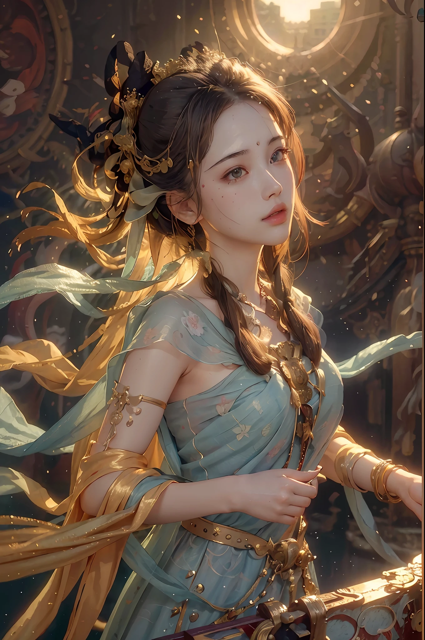 (RAW photo, best quality), (realistic, photo-realistic:1.3),best quality,highly detailed,masterpiece,ultra-detailed,illustration,1girl,upper_body,dynamic angle,world masterpiece theater,messy_long_hair,best quality,extremely detailed CG unity 8k wallpaper,ink,Amazing,cinematic lighting,lens_flare,,dunhuang_style