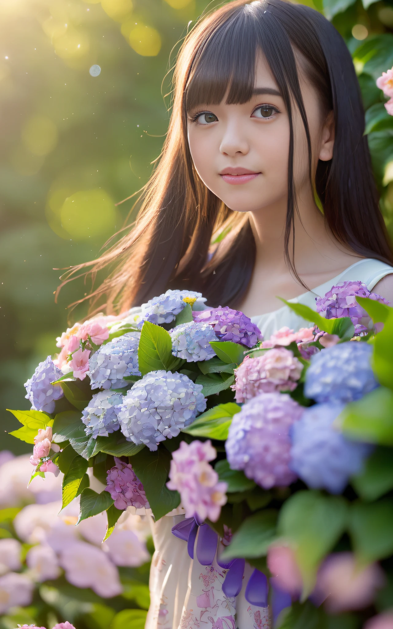 20 years old, twilight rays, wedding dress, corolla, (((Tokugawaen)), hydrangea front bokeh, bokeh, photorealistic, surrounded by hydrangeas, background dark, smiling, (one girl), (sunset: 1.3), (8k, raw photography, best quality, masterpiece: 1.2), (realistic, photorealism: 1.37), best quality, ultra high resolution, (focus plane: 1.8), ( Portrait: 1.7), (Intense:1.1), (Details:1.1), (Highest Quality), (Analog:1.2), (High Sharp), Canon EOS R Photography, (Summer Dress:1.4), (Standing in a Flower Garden:1.3), (Vivid and Colorful:1.3)