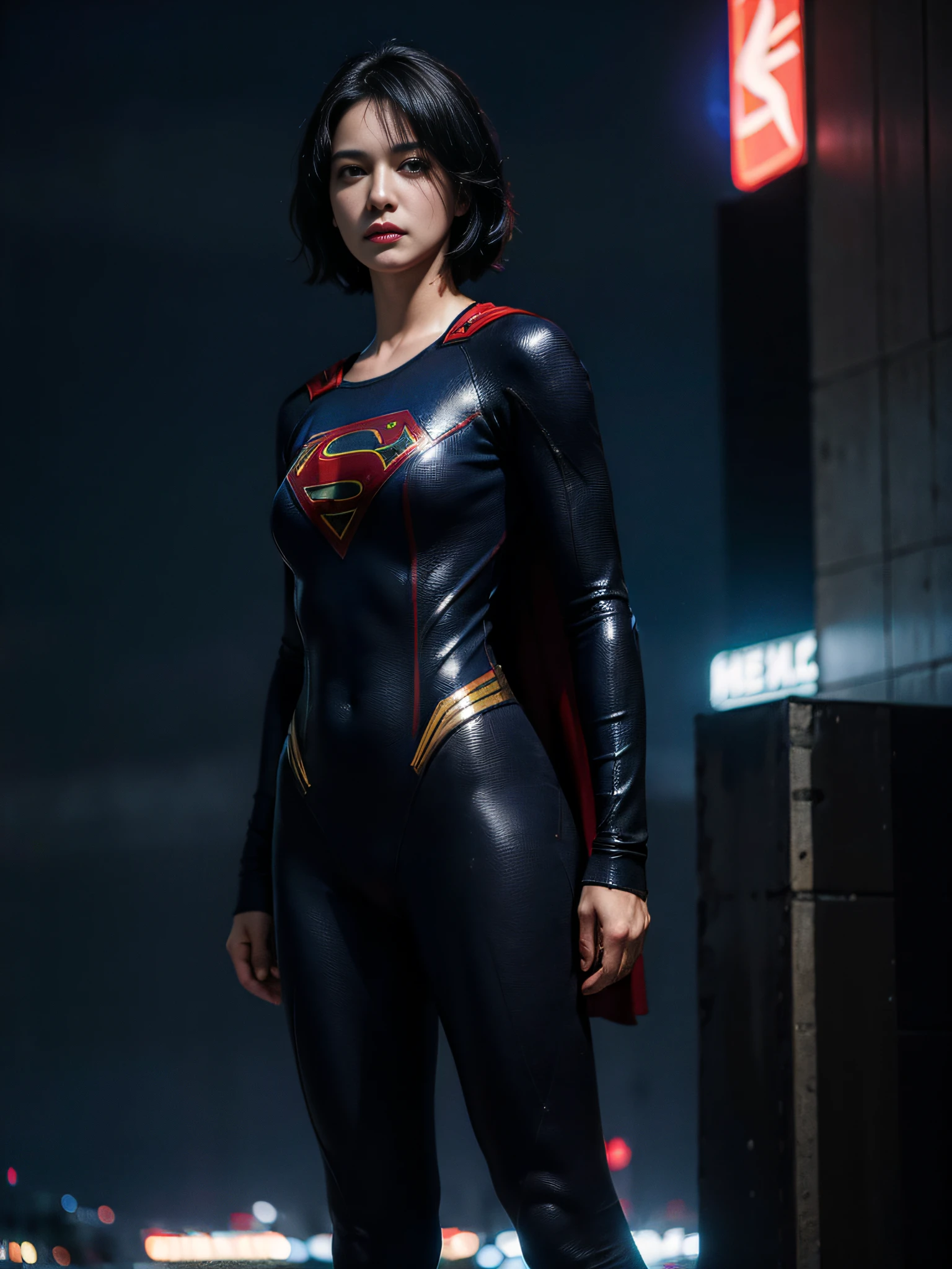 best quality, masterpiece, (photorealistic:2), ultra high resolution, highly detailed, ultra realistic, 1girl, supergirl suit, superman logo, black hair, short hair, slim body, full shot, standing pose, from below, looking at viewer, night, city, rain, cyberpunk vibes, dark scene, dark atmosphere, light neon, mist, cloudy, lightning, detailed background