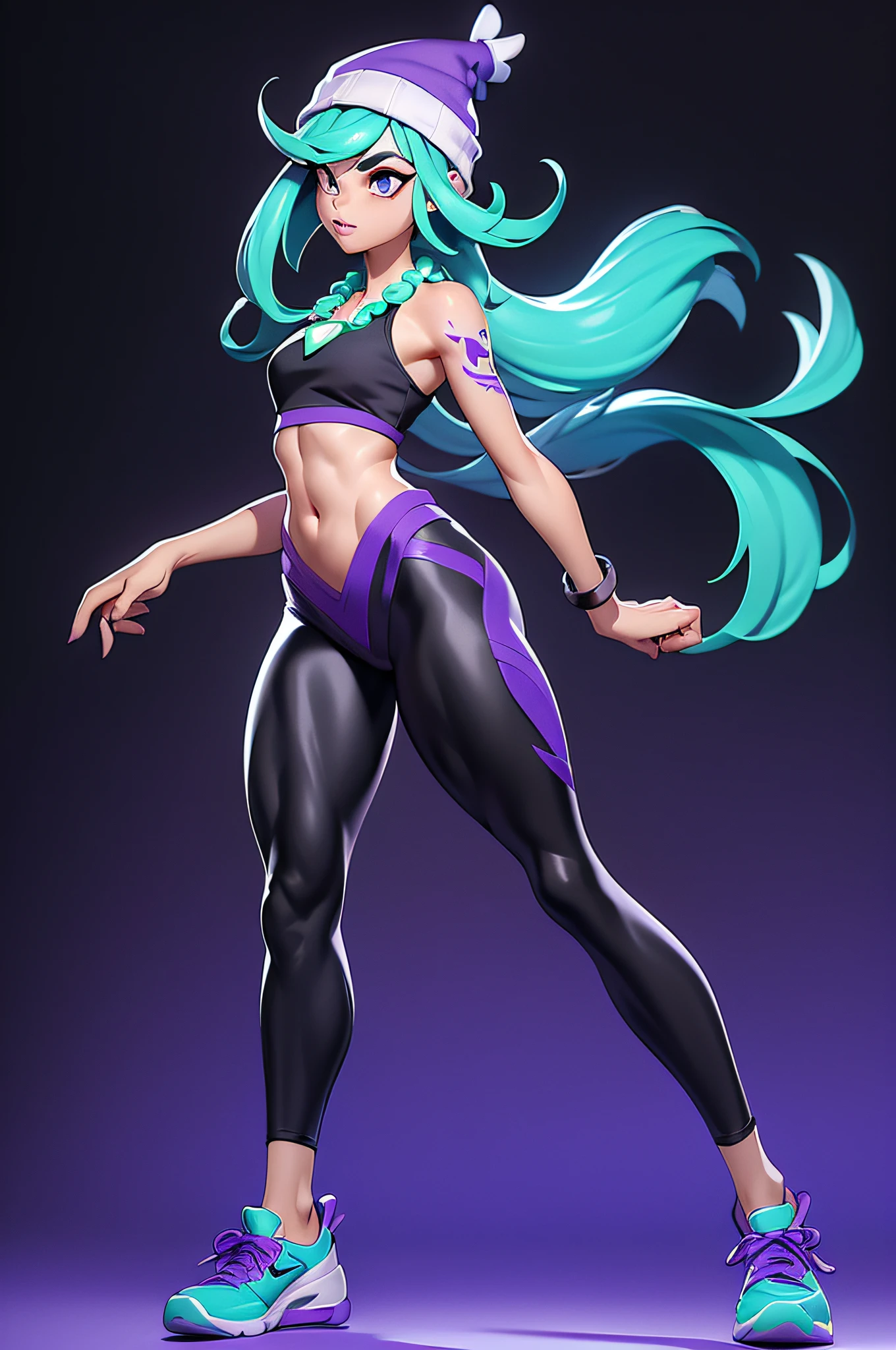 3dmm style, (Full body portrait), (dynamic pose), (unique pose), (masterpiece, top quality, best quality, brunette 'bobcut' hairstyle, black and purple beanie, fringe sticks out of beanie, realistic, downturned eyes, full lips, ('ta moko chin tattoo'), big black lips, gothic makeup, purple eye shadow, 1girl, best quality, intricate details, looking at viewer, ultra realistic 8k cg, picture perfect face, silver pupils, flawless, clean, masterpiece, professional artwork, famous artwork, film lighting, film Bloom, perfect face, beautiful face, beautiful eyes, skin spots, ((narrow waist, athletic legs, athletic thighs, athletic physique)), (legs spread apart), ('black and purple croptop:1.3), (hei-tiki necklace:1.3), fitted design, black and purple stripped undersleeve, small breasts, (2-tone gym leggings coloured black and cyan:1.1), black acrylic nails, black Nike AirForce Ones, silver accents.