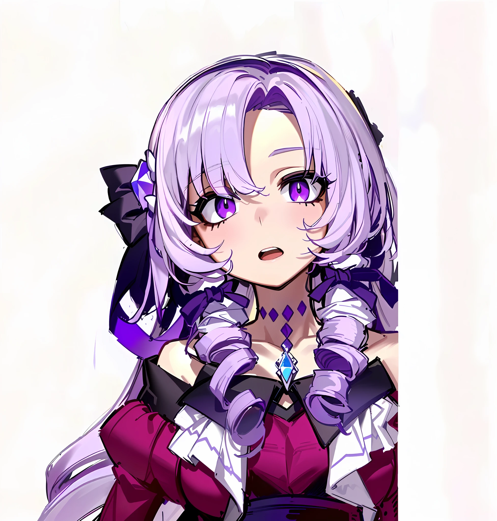 (Masterpiece, Top Quality, Best Quality, Watercolor (Medium), Official Art, Beautiful and Aesthetic: 1.2), (1 Girl: 1.3), (Fractal Art: 1.3), Upper Body, From the Side, Looking Right, Wide Open Eyes, Pupil Open Eyes, Open Mouth, Drill Hair, Purple Ribbon, Purple Eyes, Lilac Hair, Off Shoulder, Diamond in Eyes