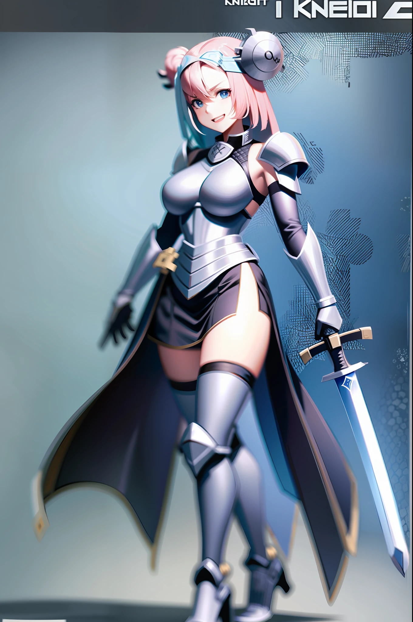 iono, full armor , long plate skirt, knight, vest, sword holding medium breast, open mouth smile, full body
