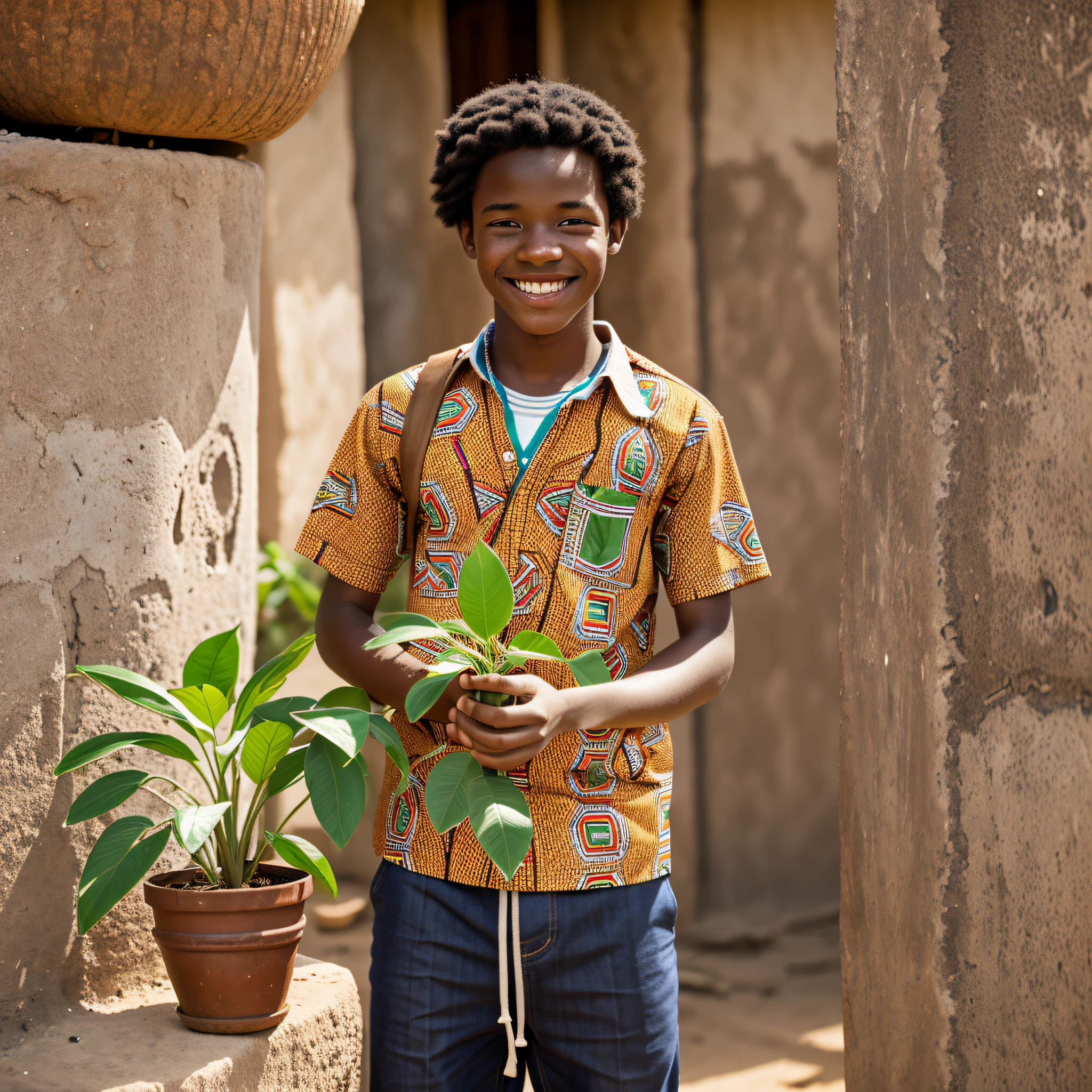 a young African, decent clothes, holding a plant, smiling, Jehovah's witness, ager, boy --auto --s2