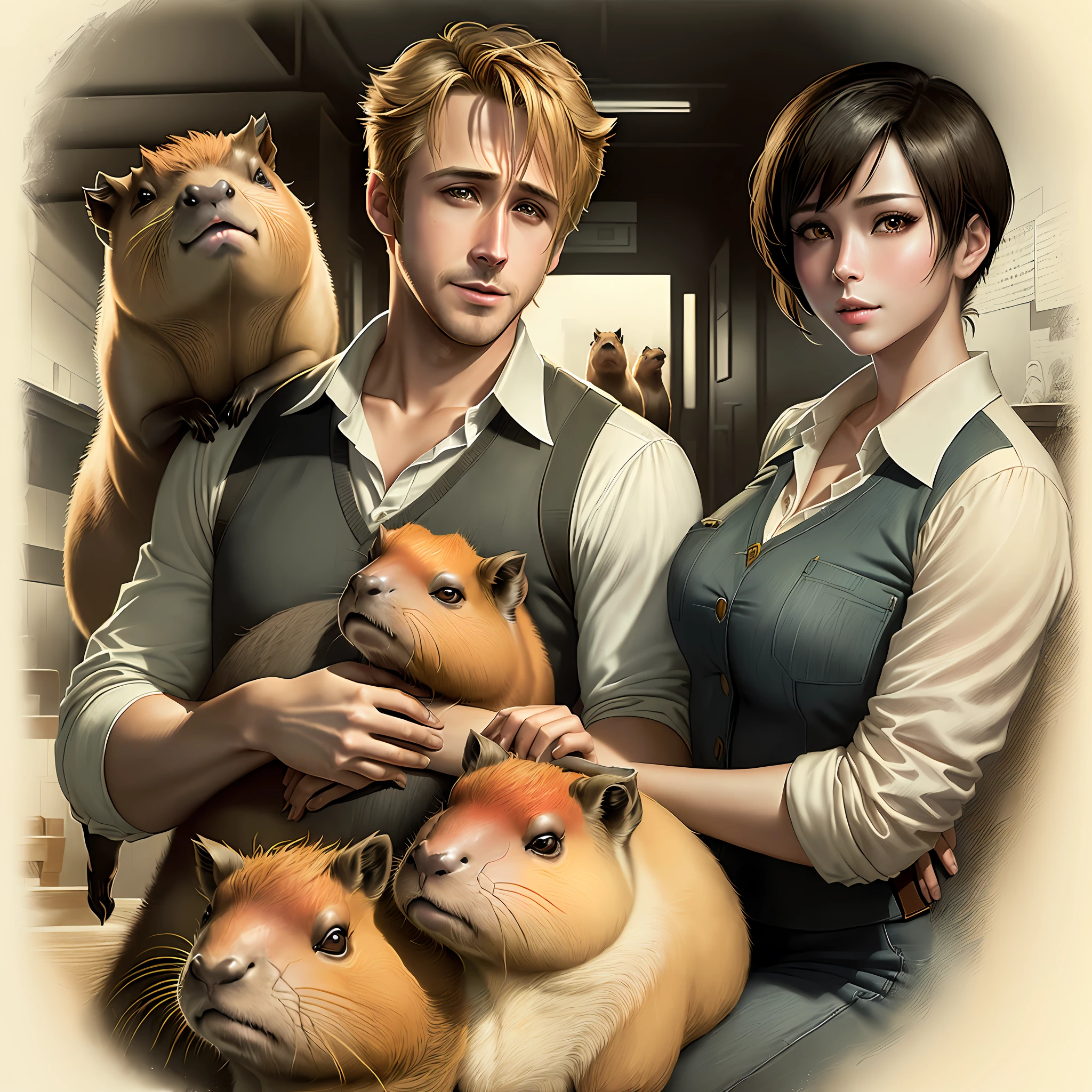 1Ryan Gosling, 1 Ada Wong, stay together, (((two capybaras in hands))), 2 people, pencil sketch, graphite pencil drawing, realistic, detailed --auto --s2
