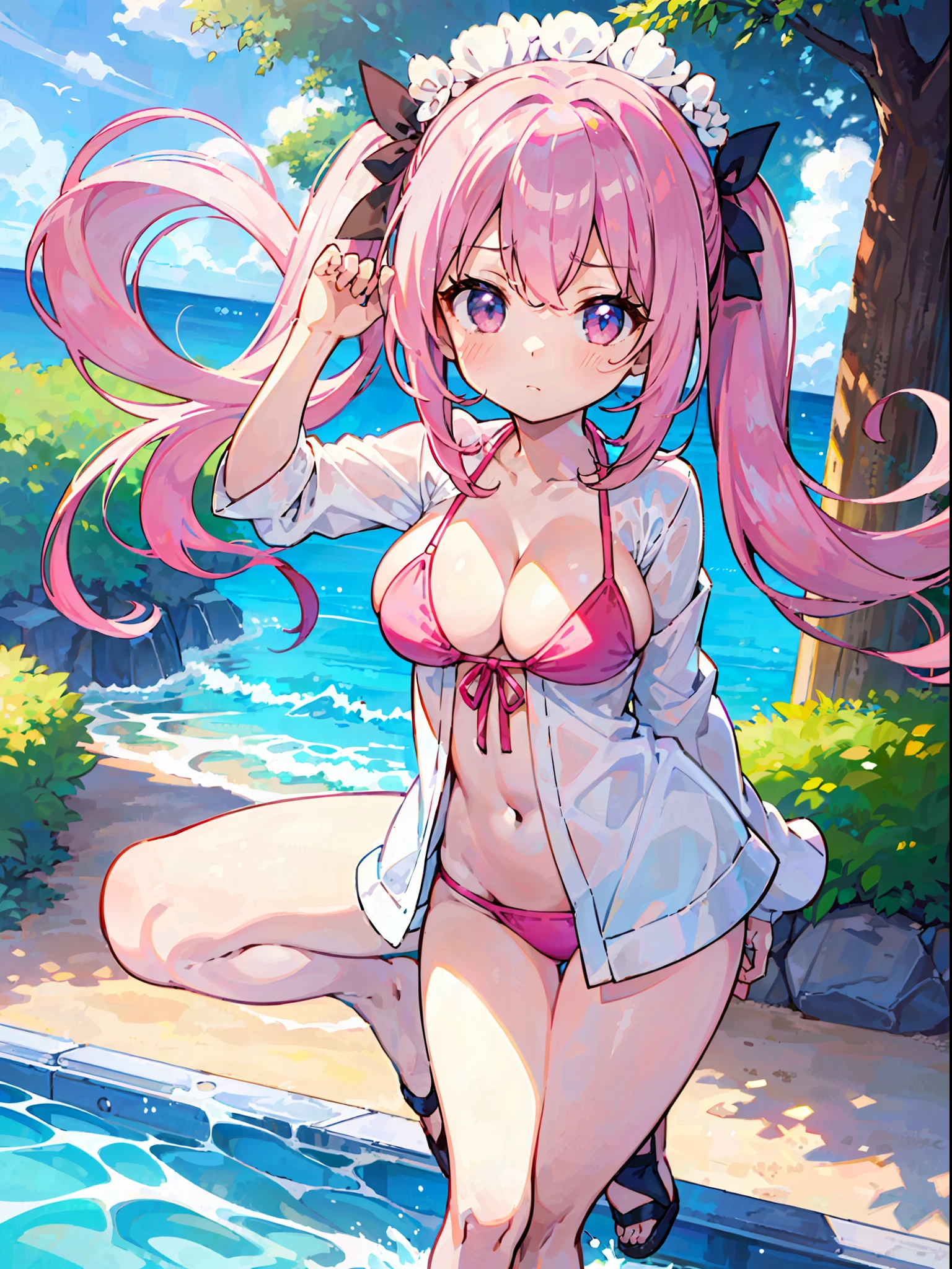 ((solo_1.2)),cute little (1girl_1.3),((cleavage,big breasts ,micro bikini)) ,( ,loli hibi_1.1) ,pink hair ,open clothes ,masterpiece, best quality, ultra-detailed ,cum ,twintails