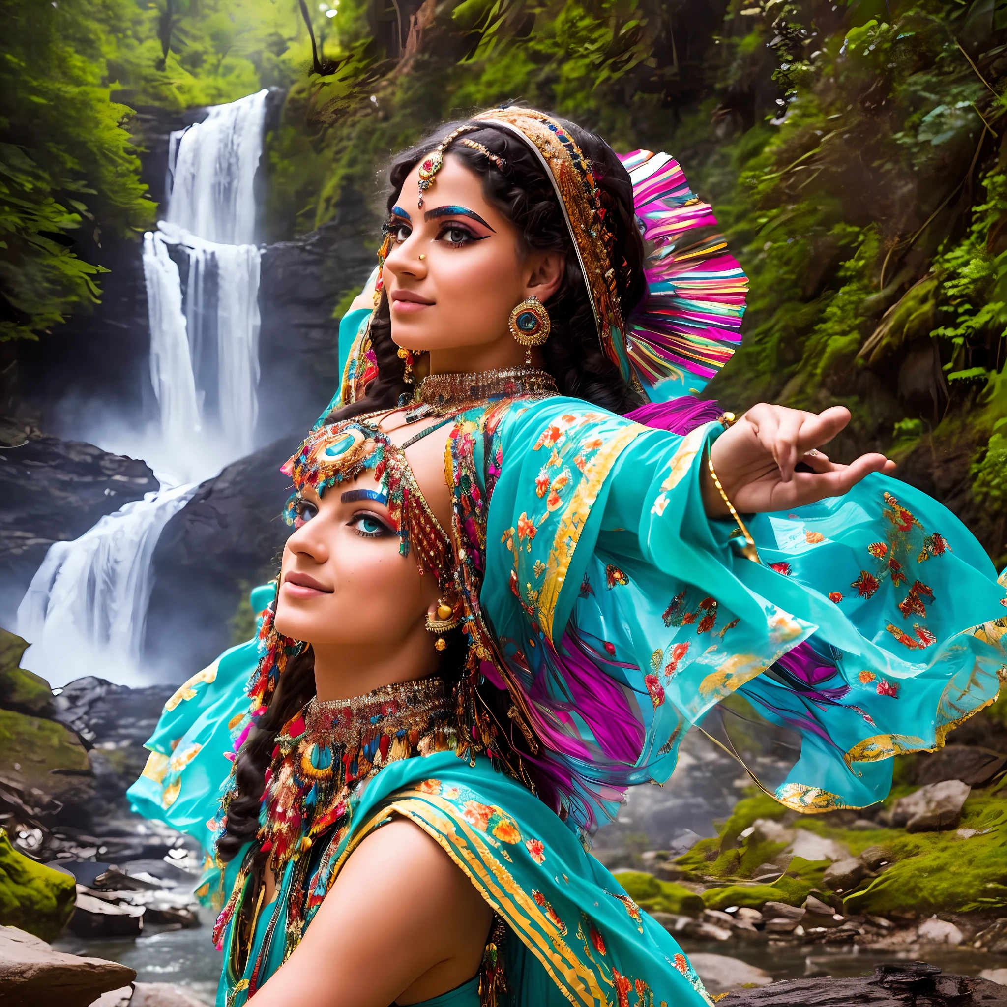 fking_scifi_v2, portrait of a young very beautiful gypsy dancer, dancing in front of a fire with a waterfall in the background, rich colorful clothes and jewelry, close up, joyful pose and attitude. fking_cinema_v2 --auto --s2