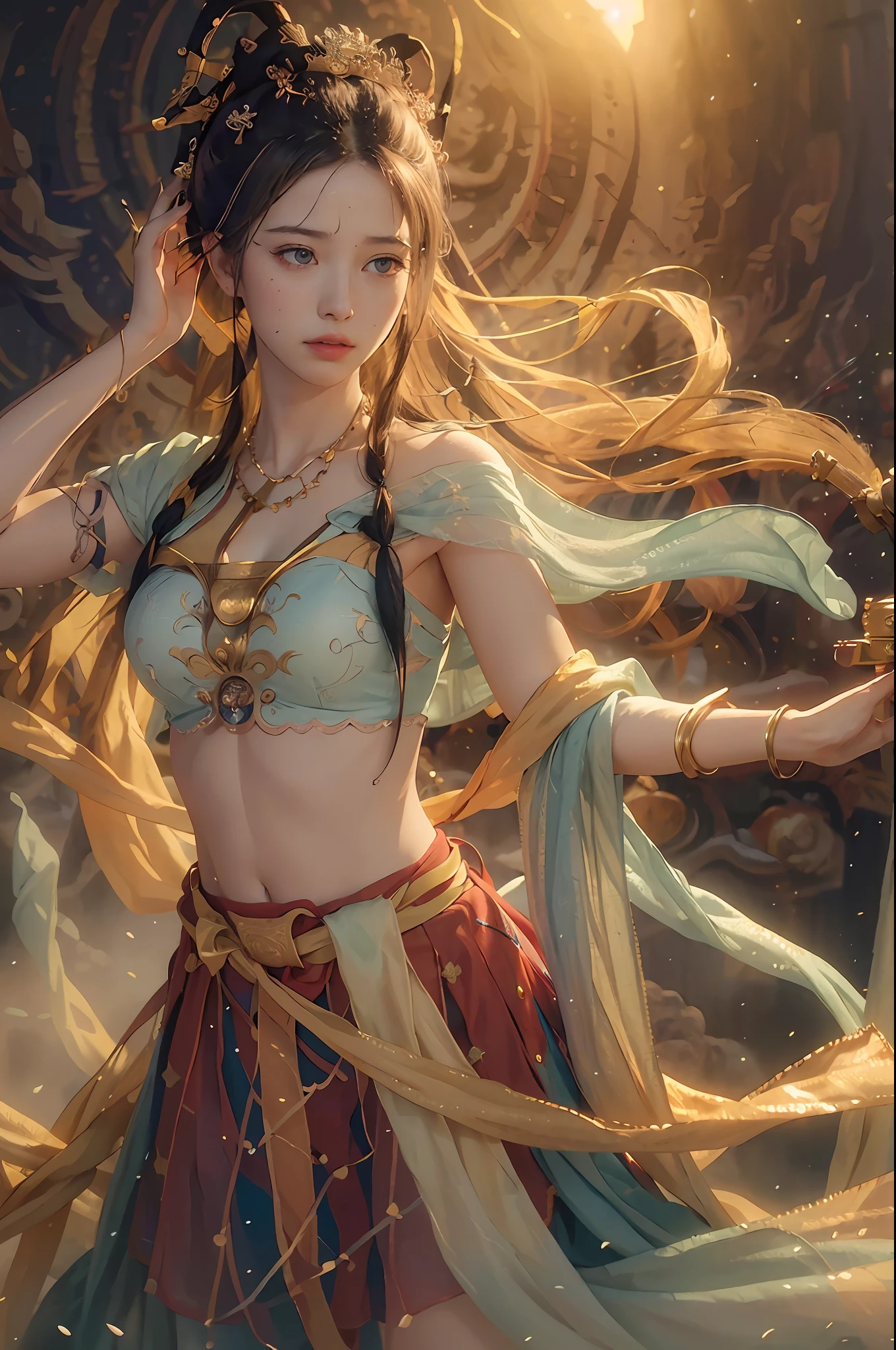 (RAW photo, best quality), (realistic, photo-realistic:1.3),best quality,highly detailed,masterpiece,ultra-detailed,illustration,1girl,upper_body,dynamic angle,world masterpiece theater,messy_long_hair,best quality,extremely detailed CG unity 8k wallpaper,ink,Amazing,cinematic lighting,lens_flare,,dunhuang_style