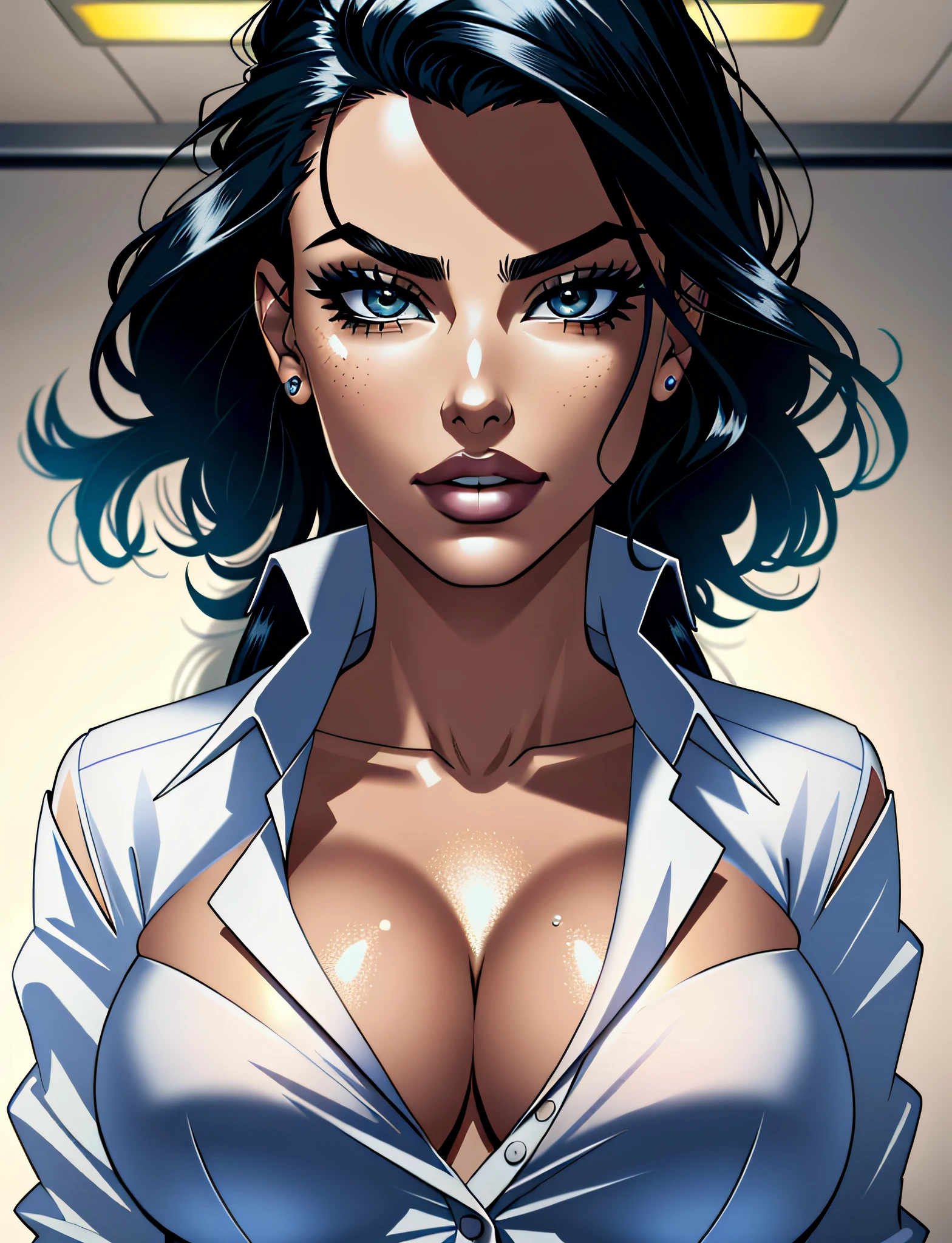 a portrait of model Adriana Lima, stiff jacket, (unbuttoned shirt:1.2), little cleavage, detailed office background face, cinematic, insane details, intricate details, hyperdetailed, closeup, bright face,