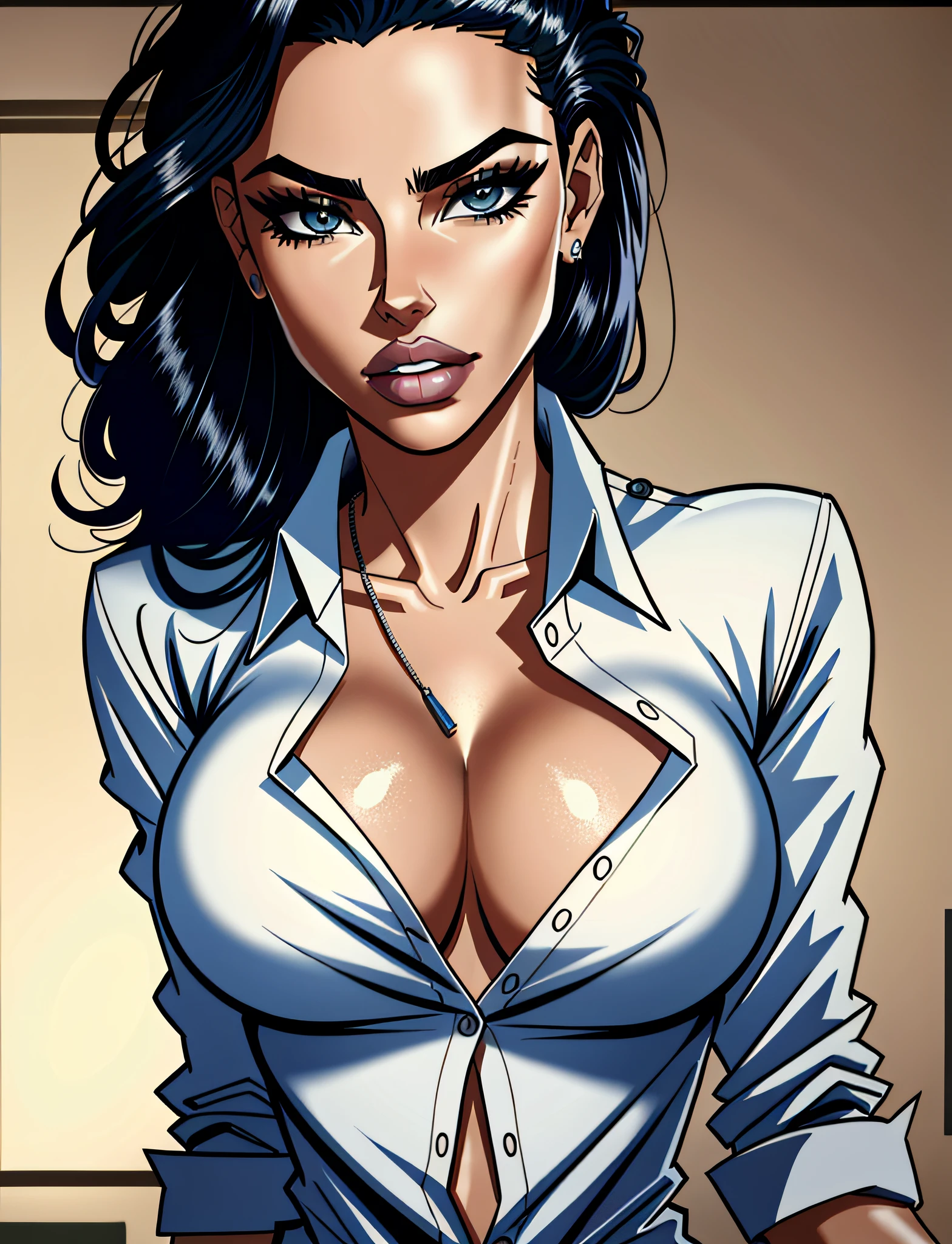 a portrait of model Adriana Lima, stiff jacket, (unbuttoned shirt:1.2), little cleavage, detailed office background face, cinematic, insane details, intricate details, hyperdetailed, closeup, bright face,