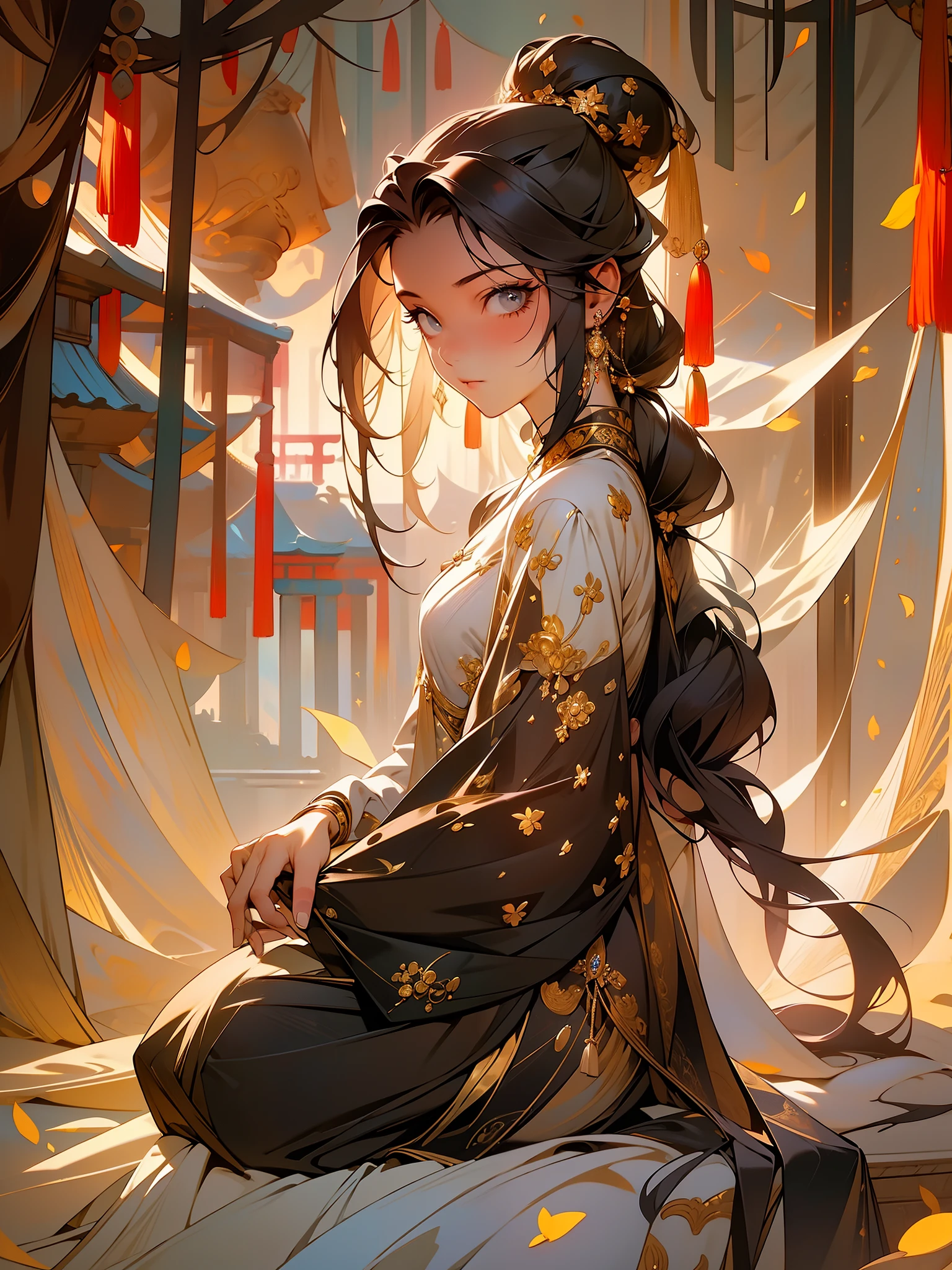 masterpiece, black hair, 1girl, looking at viewer, long hair, solo, jewelry, ancient art, chinese,