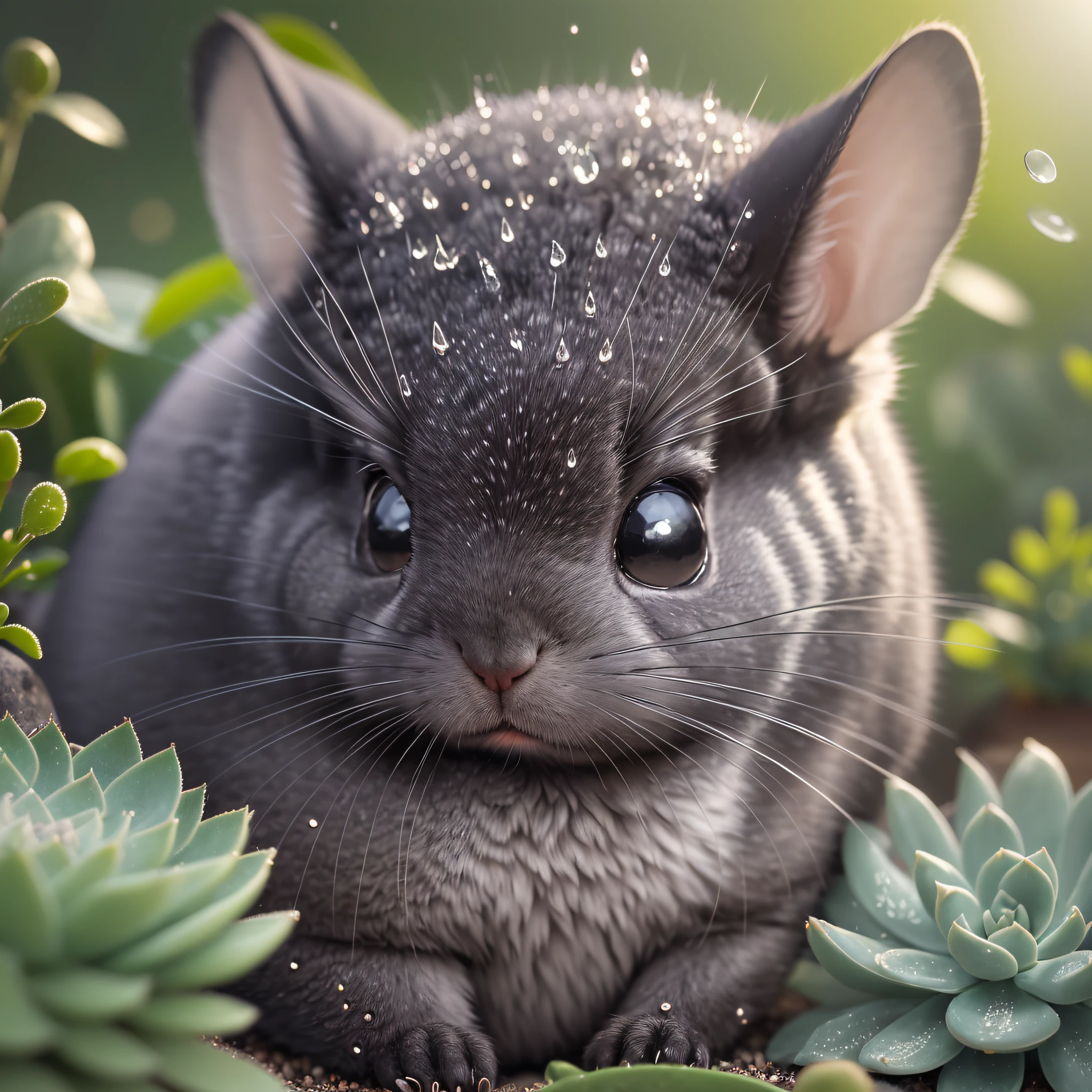 Black, a chinchilla close-up photo, chubby fleshy, inside a succulent garden, small dewdrops, small water drops, evening, super close close, backlight, sunlight, glow, furry, fireflies, volumetric fog, halo, bloom, center, rule of thirds, 200mm 1.4f macro shot