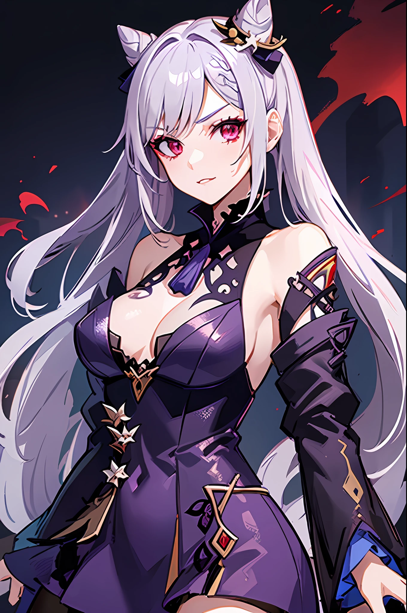 1girl, keqingdef, sky, red eyes, night, (vampire), (demon), evil, villainous, purple chinese clothes, white hair, (red eyes), (pale skin), small breasts, smirk, vampiric, demonic, demon eyes, masterpiece, [detached sleeves], vampire theme, blood theme, gothic, dark fantasy