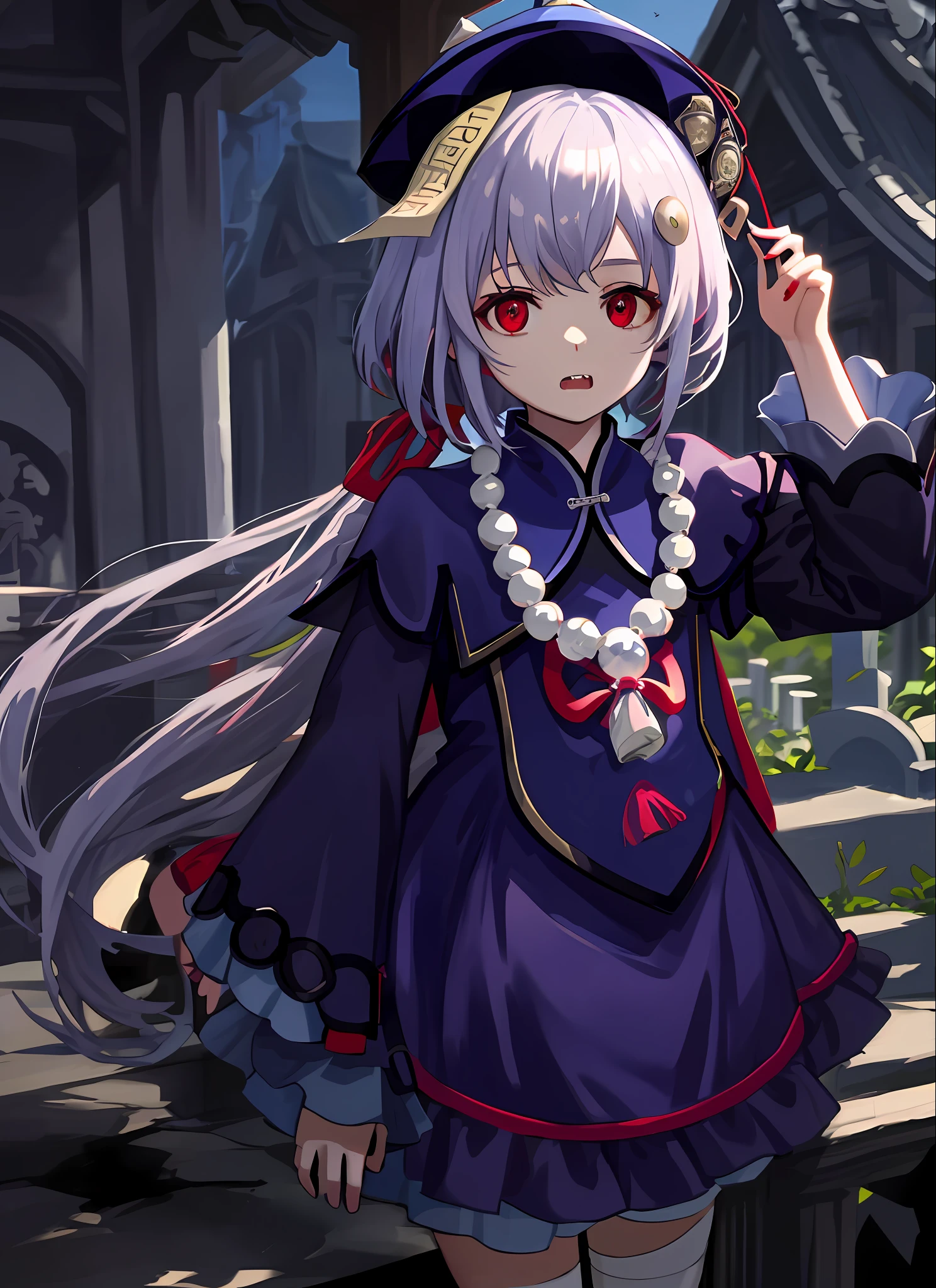 1girl, qiqidef, sky, red eyes, night, (vampire), (demon), evil, (child), (bloody mouth), sharp teeth, villainous, (short), blue jiangshi, white hair, (red eyes), (pale skin), vampiric, zombie, masterpiece, hat, bead necklace, expressionless, vampire theme, blood theme, gothic, dark fantasy, horror, cemetery