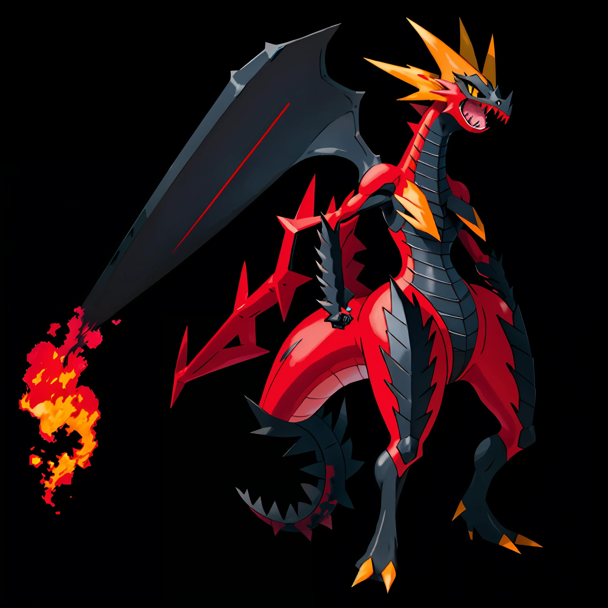 pokemon, fire and dragon, human like, edgy, masterpiece, high quality, best quality, high-definition, ultra-detailed, black background,