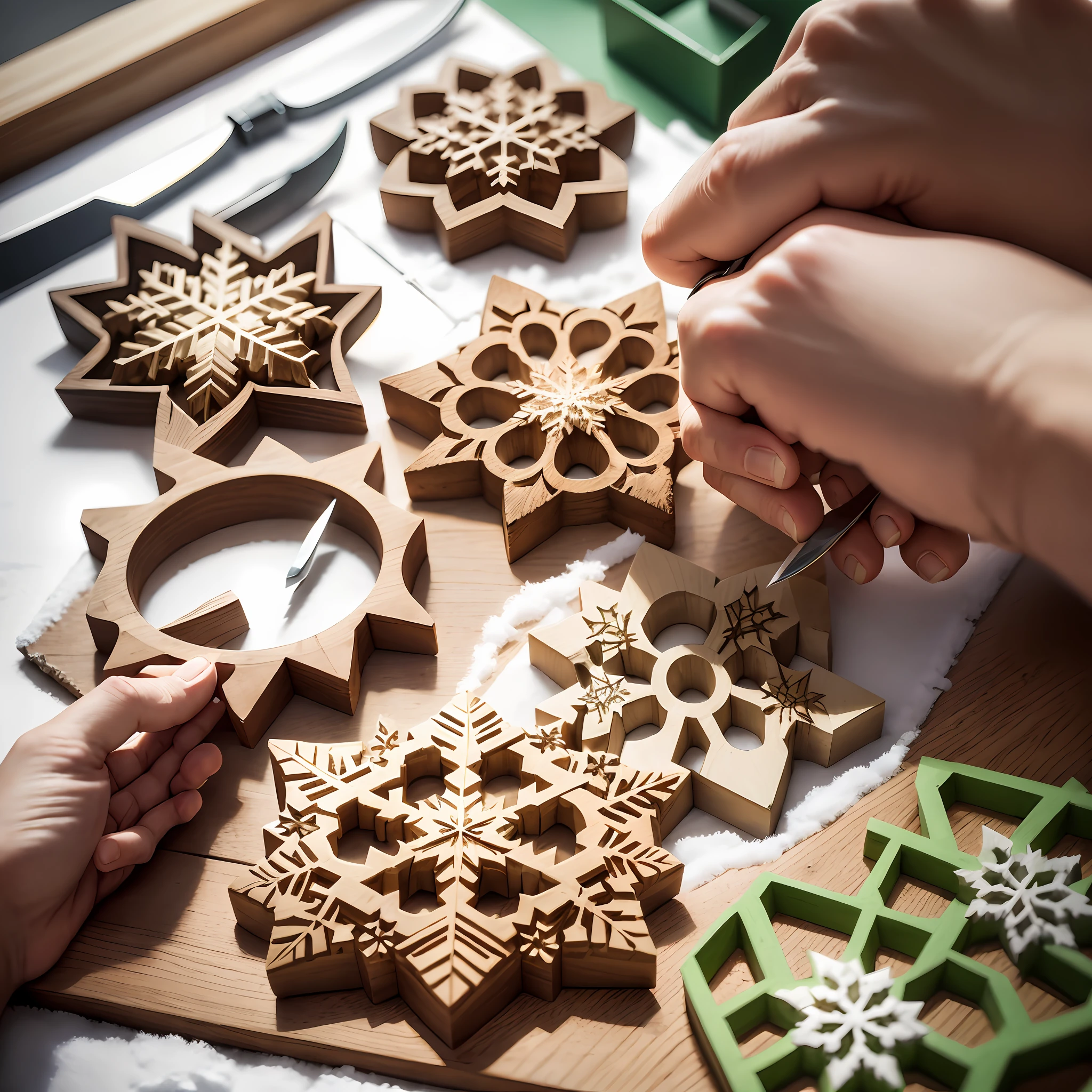 According to the design requirements, the process of sawing pine blocks into appropriately sized blocks using a carving knife and a fine file is carefully carved out of Christmas decorations carved into snowflake patterns --auto --s2