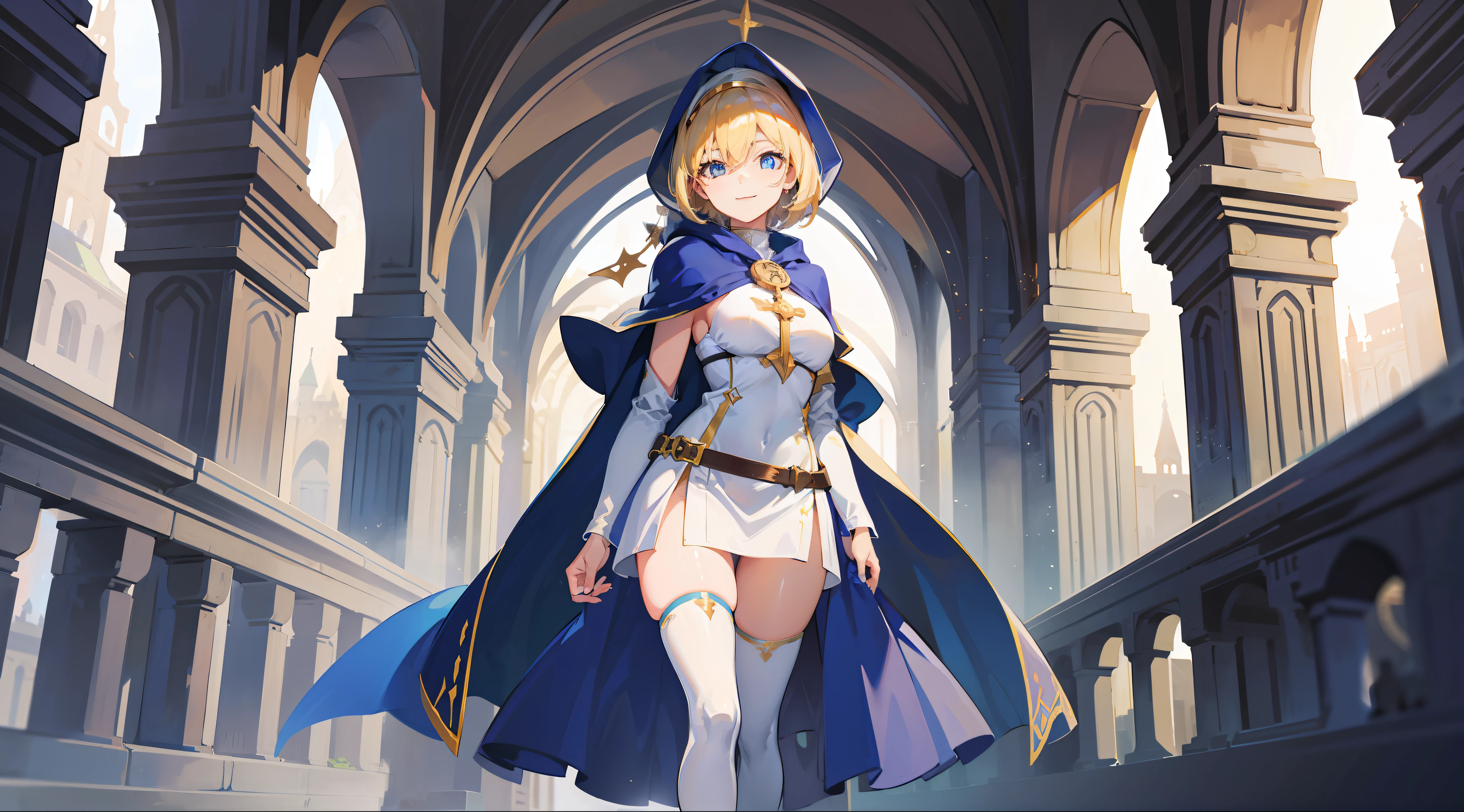 a girl, cleric, blonde, short hair, bright blue eyes, beautiful breasts, hair between eyes, bangs, full body, confident, heroic posture, smiling, white robe, cape, hood lowered, fantasy, medieval, bright dusk