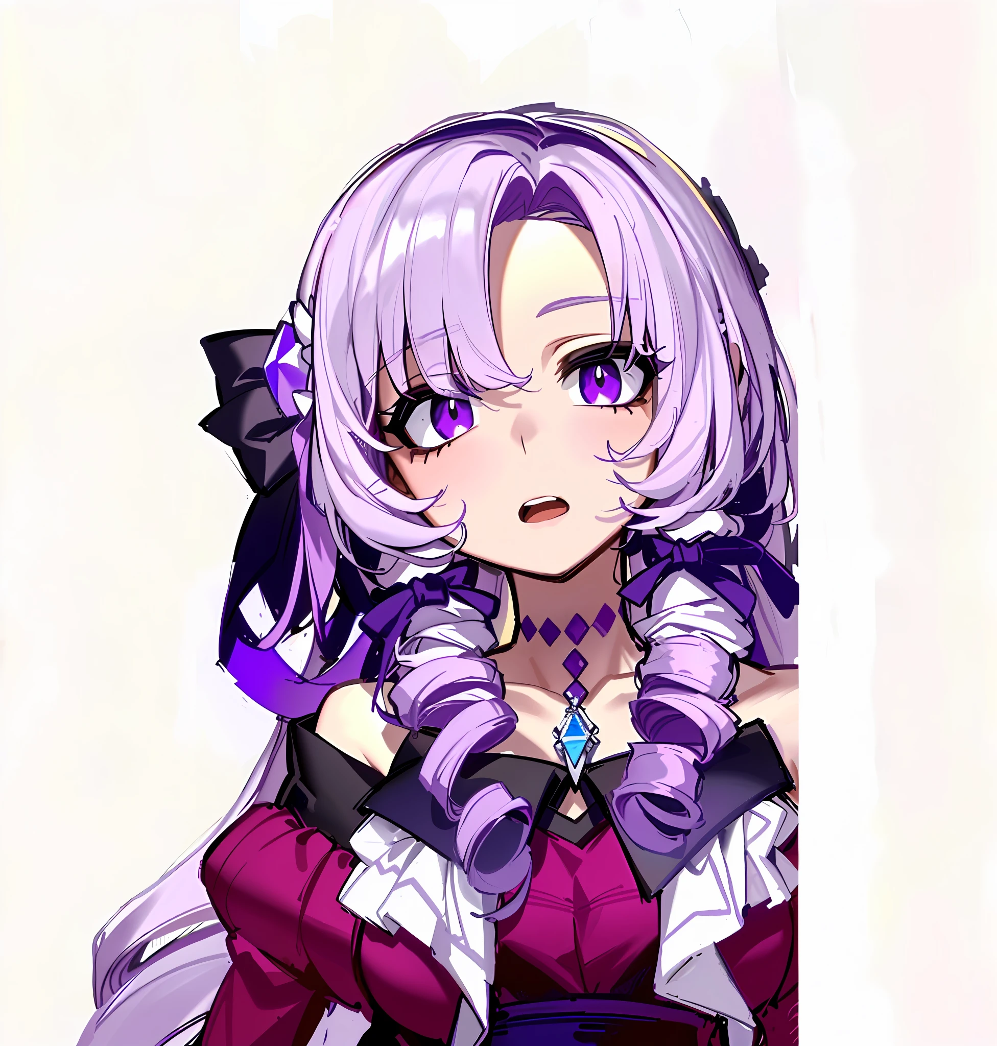 (Masterpiece, Top Quality, Best Quality, Watercolor (Medium), Official Art, Beautiful and Aesthetic: 1.2), (1 Girl: 1.3), (Fractal Art: 1.3), Upper Body, From the Side, Looking Right, Wide Open Eyes, Pupil Open Eyes, Open Mouth, Drill Hair, Purple Ribbon, Purple Eyes, Lilac Hair, Off Shoulder, Diamond in Eyes