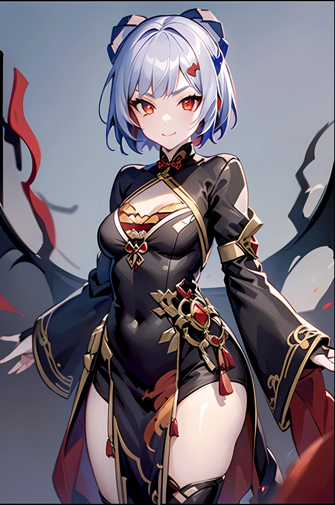 1girl, sky, red eyes, night, (vampire), (demon), evil, villainous, chinese clothes, white hair, (red eyes), (pale skin), small breasts, smirk, vampiric, demonic, masterpiece, flame effect, vampire theme, gothic, dark fantasy, solo, short hair