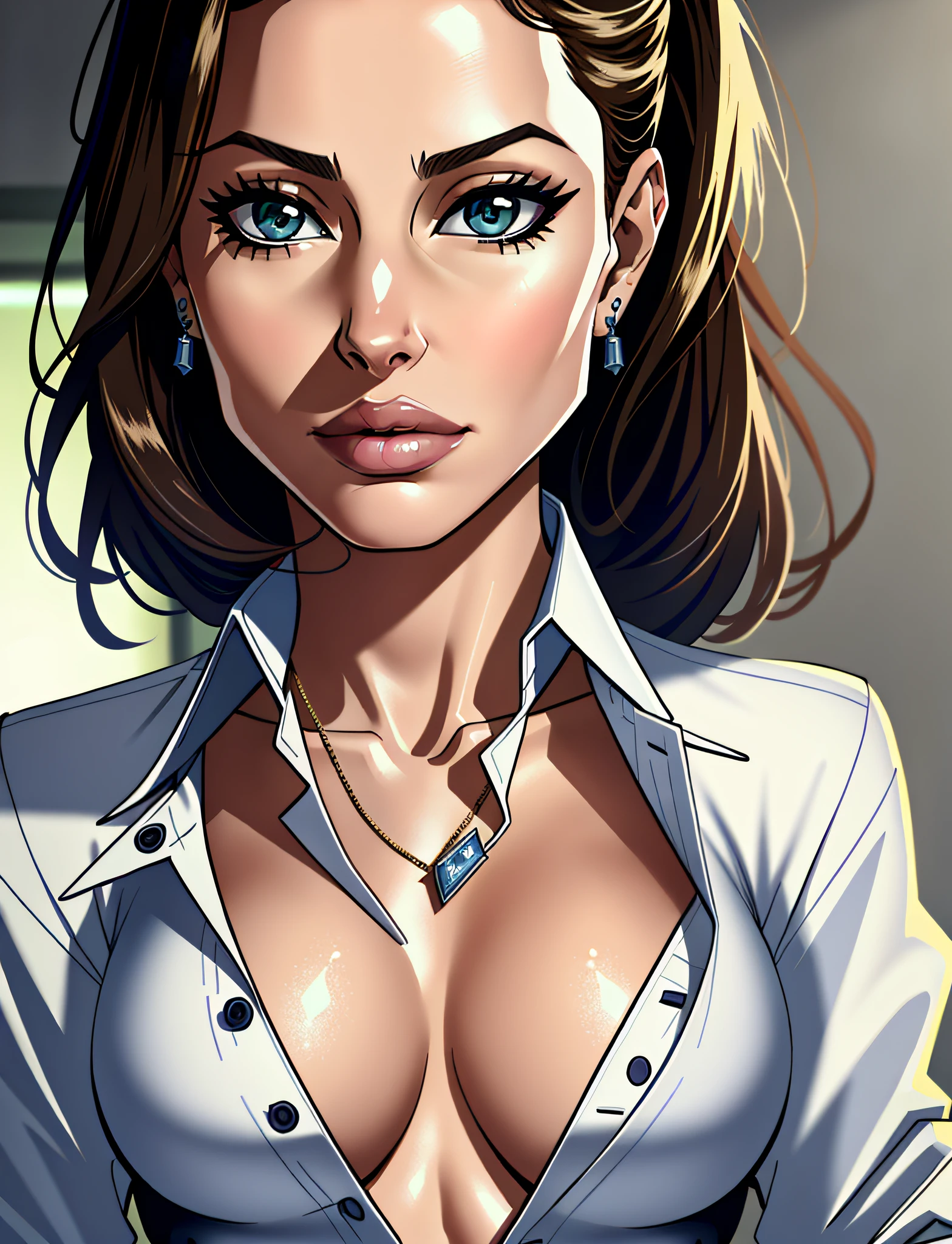 a portrait of actress Agelina Jolie, stiff jacket, (unbuttoned shirt:1.2), little cleavage, detailed office background face, cinematic, insane details, intricate details, hyperdetailed, closeup, bright face,