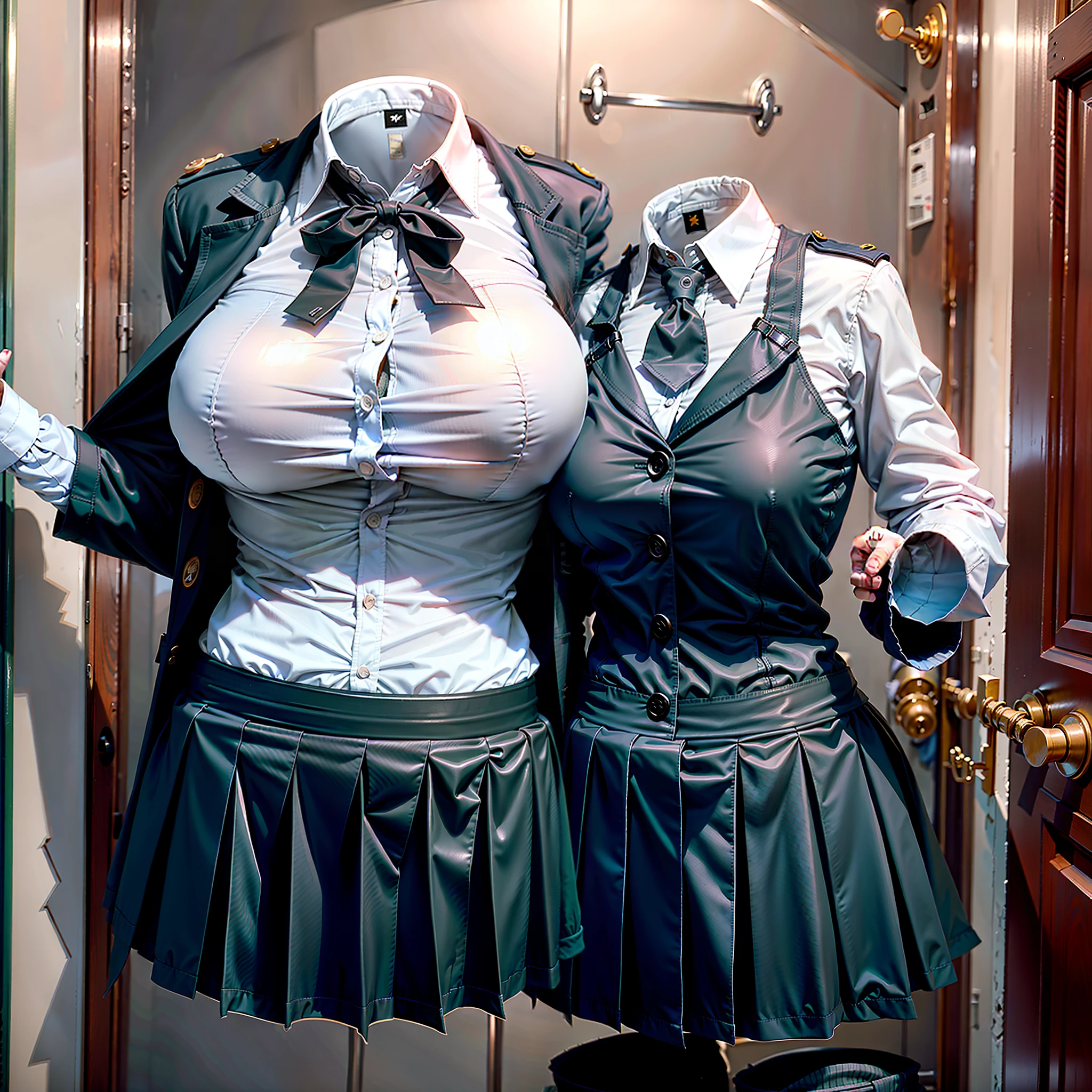 Invisible girls, world without humans, headless, sailer uniforms, headless, empty, handless, headless, invisible girls, sailer school uniforms with cleavages, empty clothes, invisible body, invisible head, empty clothes, invisible girl, hanger school uniforms with cleavages, invisible body, invisible head, school uniforms has big breasts and cleavages, tights, hanger uniforms in a closet swells as if worn by invisible busty girls, girl's busty uniforms begin to pose on its own as if worn by invisible girls, school uniforms with vests, hanger school uniforms has big breasts and cleavages,