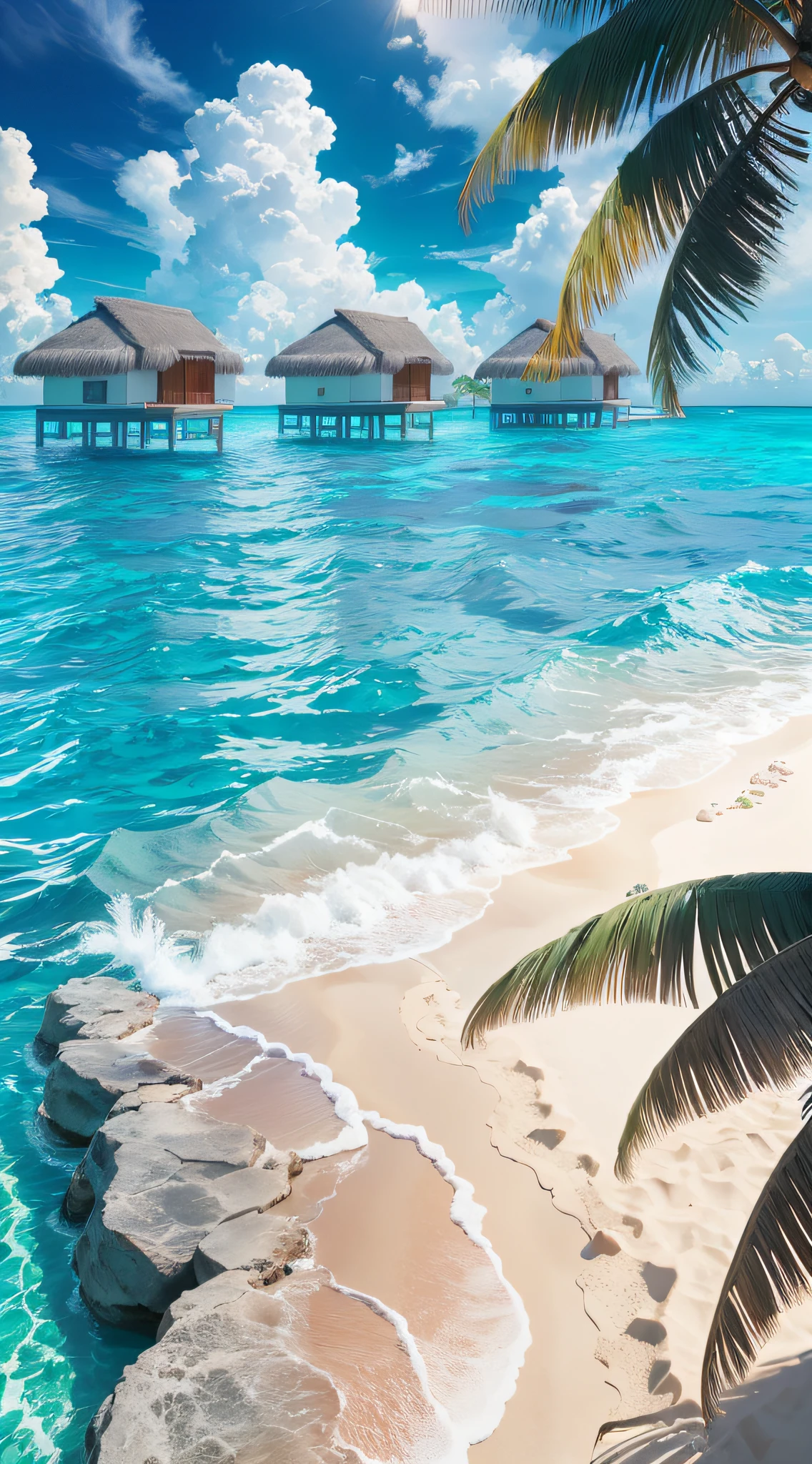 Sunny weather, sun, sea, sand, coconut palms, beautiful clouds, sea surface, Maldives, crystal clear water, clean seawater, best quality, ray tracing, ultra high resolution, islands in the distance, (Realisticity: 1.4)