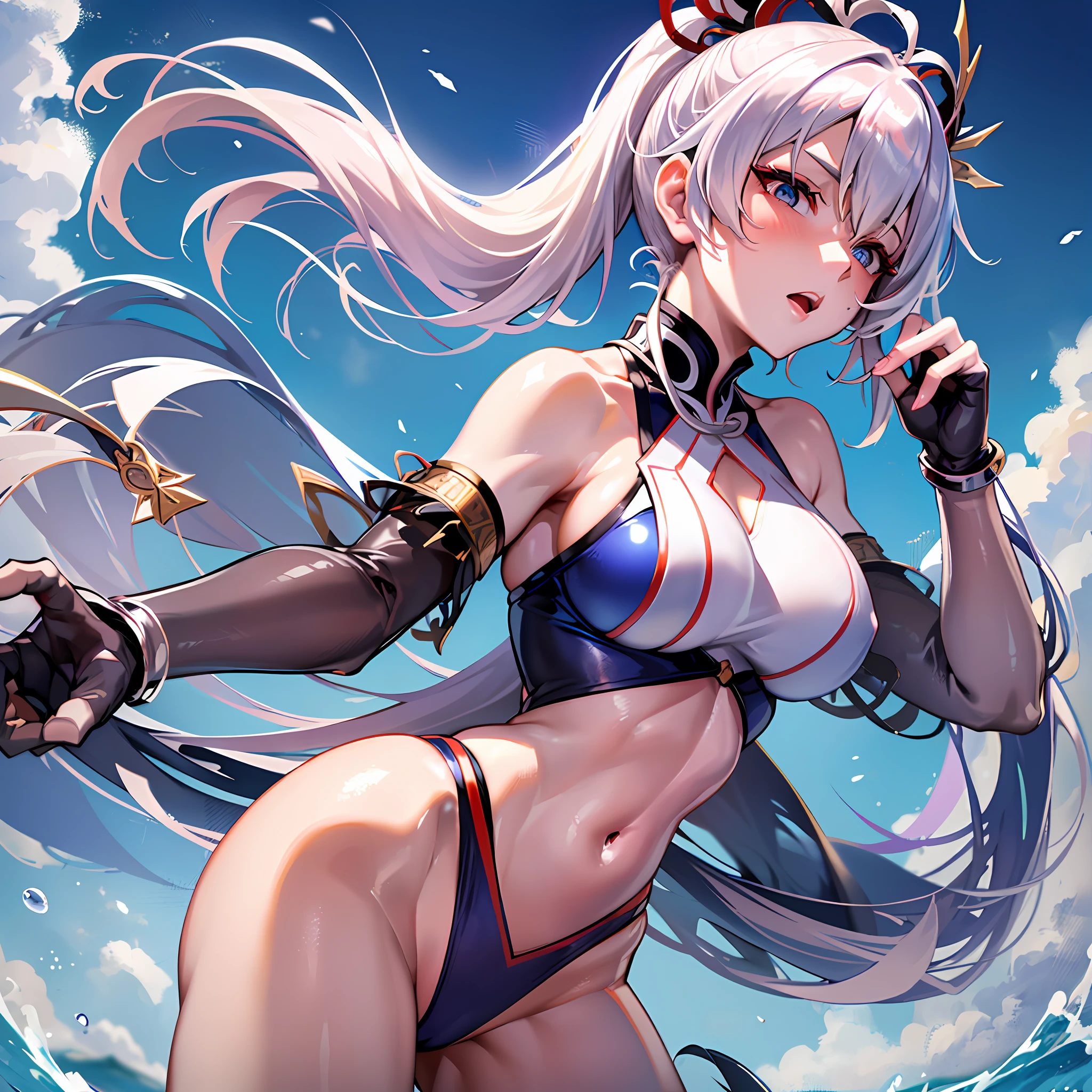 1 adult woman, Tomoe Gozen (Saber)(Fate Grand Order), white skin, beautiful body, 2 human hands, five fingers, platinum blonde high long pony tail, blue color and white stripes 1piece competitive swimsuit, have a Japanese sword, fighting phose, summer seaside beach, on the beach, afternoon, beautiful sky, Masterpiece, UHD