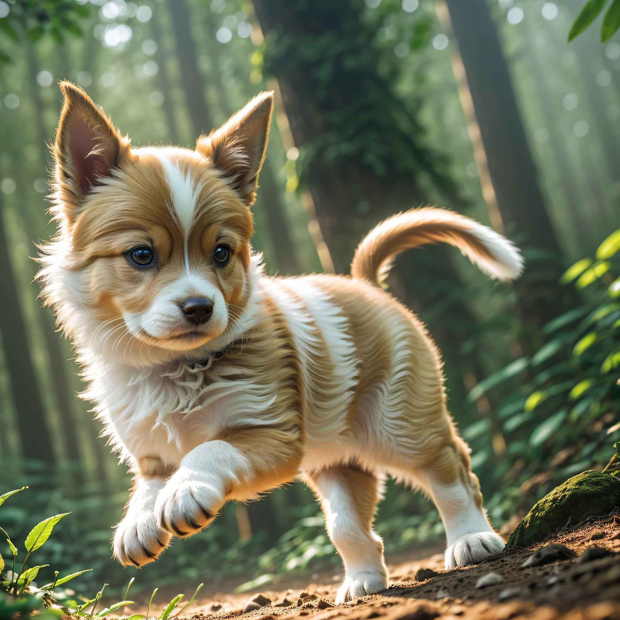 ((Melhor qualidade)), ((obra-prima)), (detalhado: 1.4), close up photo of a very cute jumping puppy in the forest, soft volumetric lights, (backlit:1.3), (cinematic:1.2), intricate details, (ArtStation:1.3), Rutkowski --auto --s2
