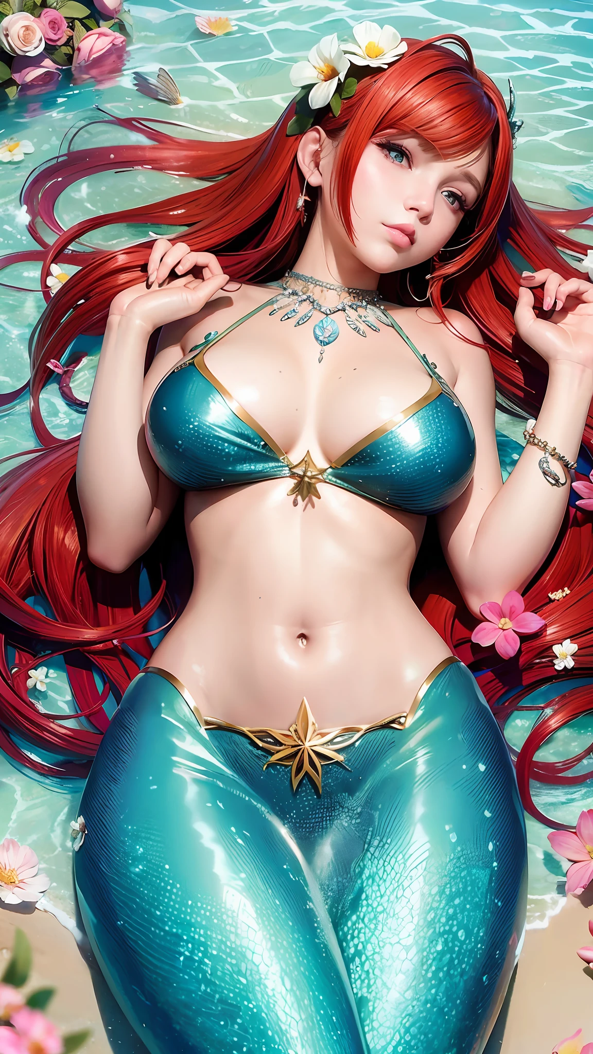 Pretty mermaid with red hair. Very large breasts covered with flowers.  Skinned. Lying on the shore of a white sand beach. Photorealistic style. 8k. --auto --s2