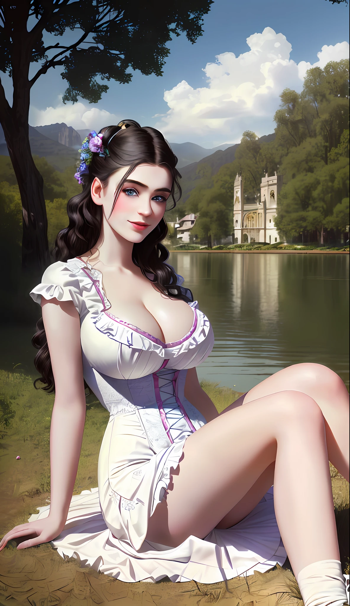 RAW photo,(realistic, photo- realistic:1.37),(best quality:1.2),(detailed),(PureErosFace_V1:0.4), (Solo:1.3),(20 years old Victorian girl:1.4),smile,(Lovely Huge Breasts:1.4), (head back:1.5),black Hair,Long Eyelashes,(lake victoria:1.3),((sitting on ground,legs apart,arms up)), trees,grass, flowers,bridge, boat,clouds,blue sky,apple,picnic,BREAK,pale skin, (perfect eyes:1.3),cinematic light, ultra high res, 8k uhd, film grain, perfect anatomy, exquisitely detailed skin, best shadow, delicate,Portrait Of Beautiful Victorian Girl,colourful, distinct_image, extremely detailed CG,realistic human-like photo