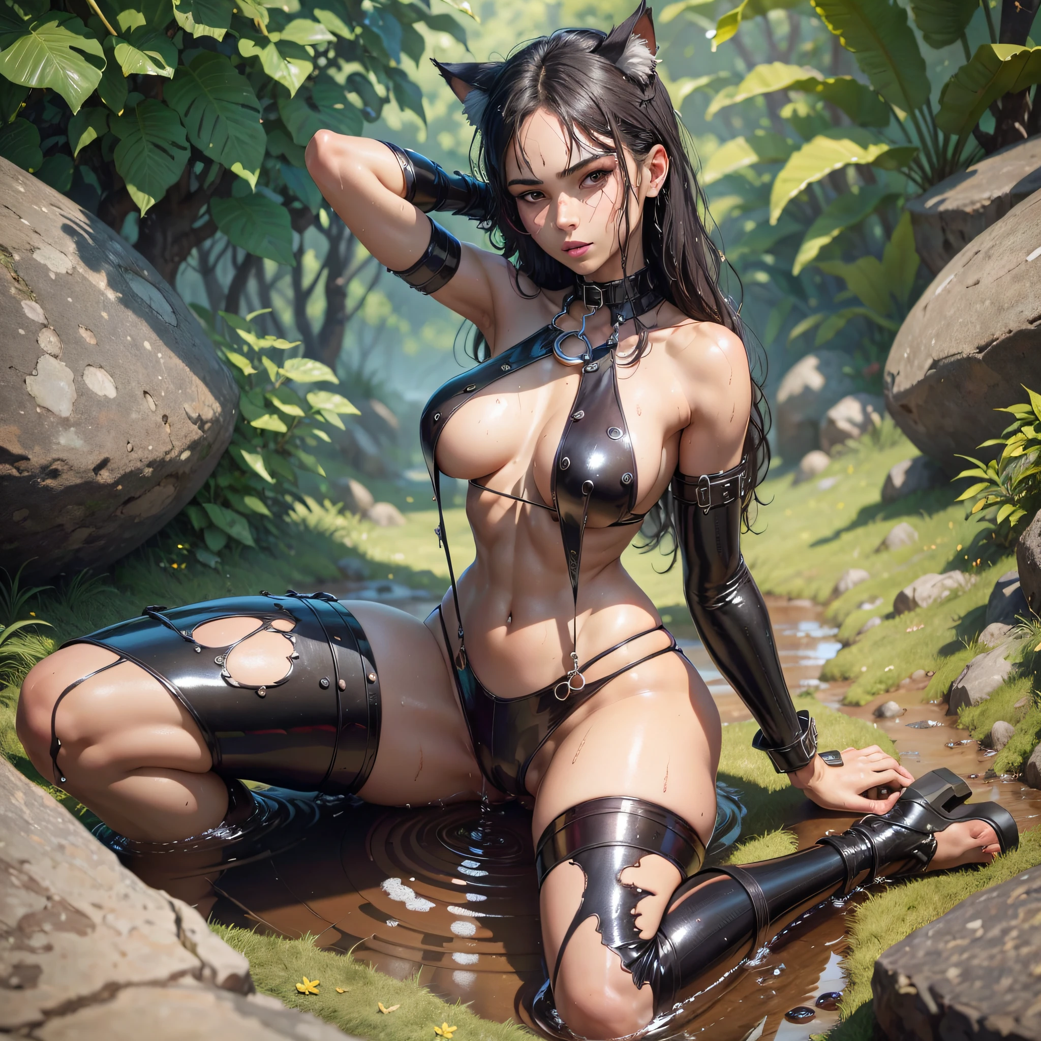 Slave, Catgirl, Bondage, Collar, ((Best Quality, 8K, Masterpiece)), Beautiful woman with perfect figure, slender abs, wet body, highly detailed face and skin texture, detailed eyes, double eyelids, on grass, sexy pose, full body shot --auto --s2