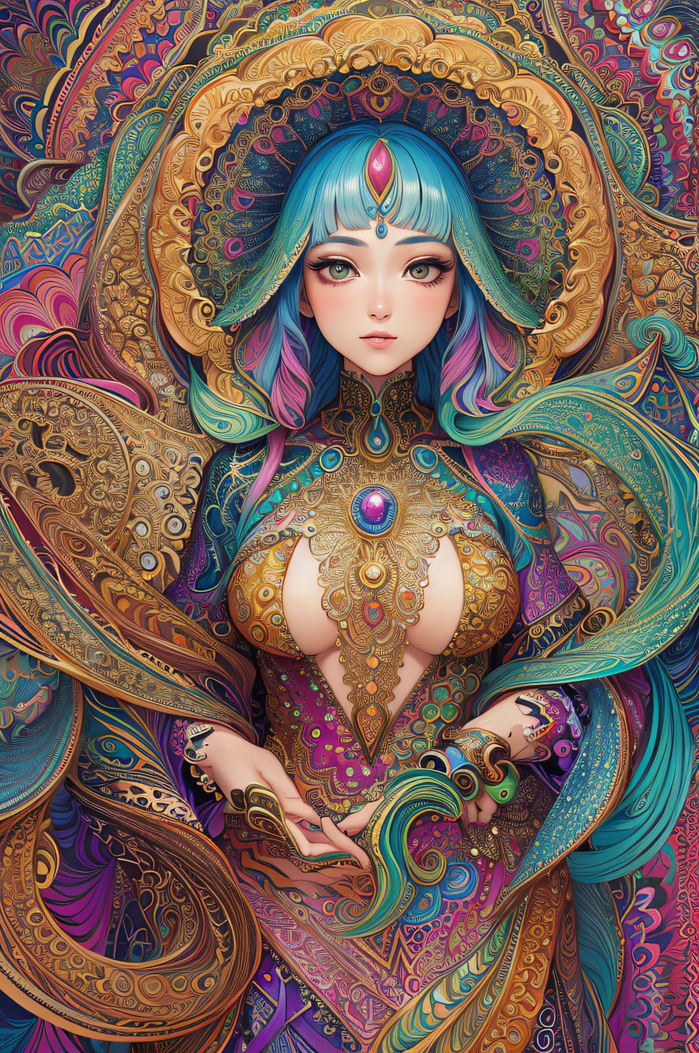 (masterpiece, top quality, best quality, official art, beautiful and aesthetic:1.2), (1girl:1.3), extremely detailed,(fractal art:1.2),colorful,highest detailed,(zentangle:1.2), (dynamic pose), (abstract background:1.5), (treditional dress:1.2), (shiny skin), (many colors:1.4), upper body